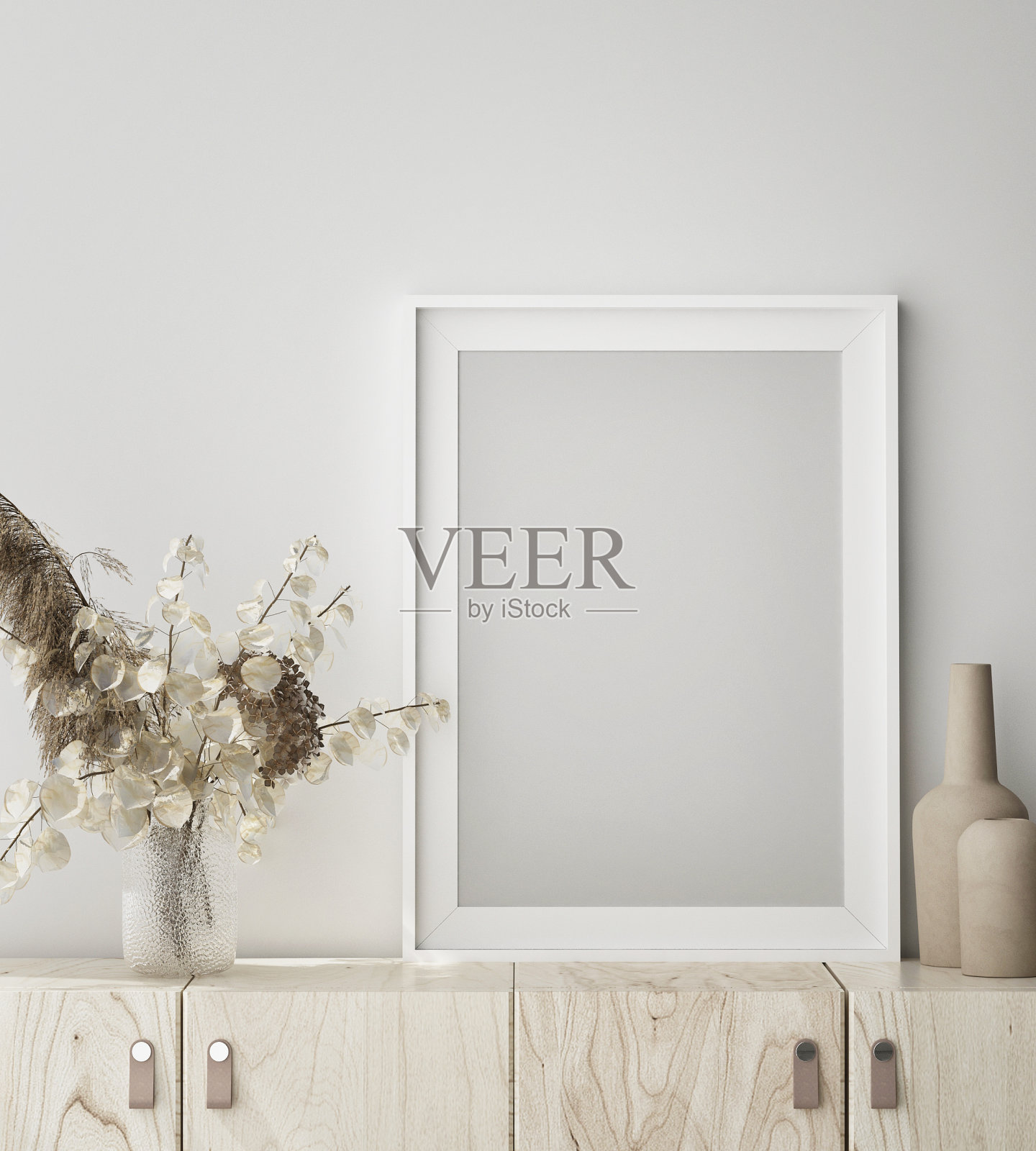 模拟海报框架在现代室内背景，近距离，斯堪的纳维亚风格，3D渲染照片摄影图片