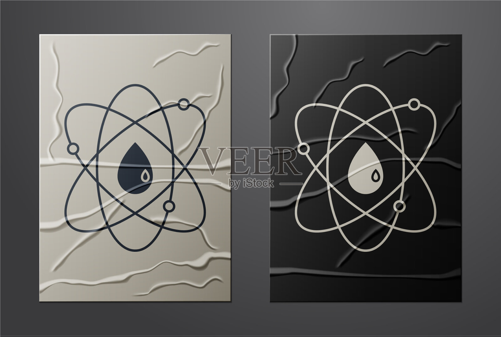 白色原子图标孤立在皱巴巴的纸上插画图片素材