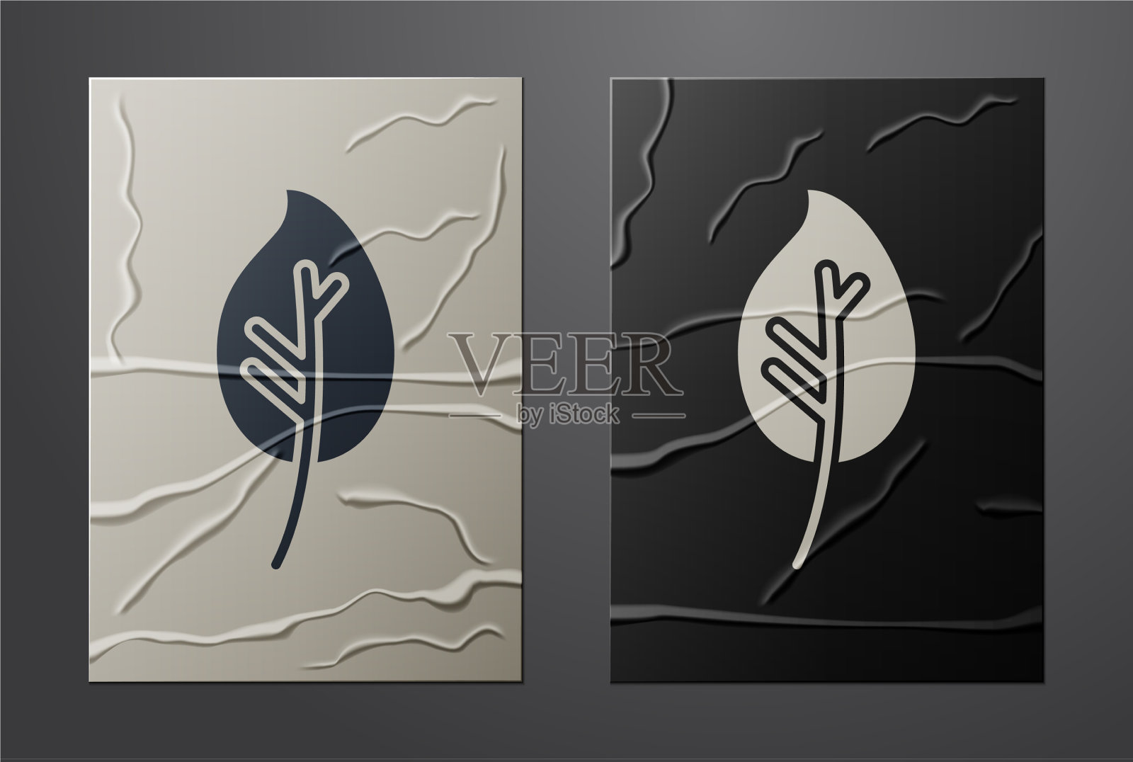 白色的叶子图标孤立在皱巴巴的纸上插画图片素材