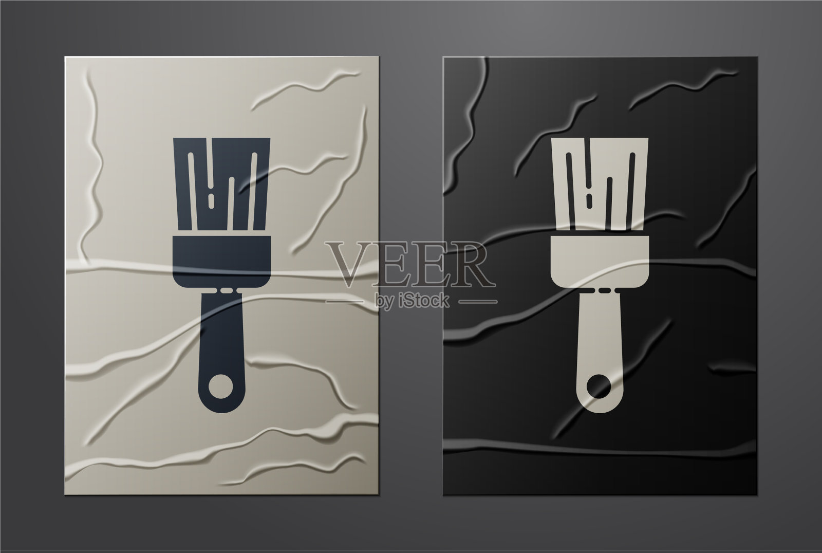 白色油漆刷图标孤立在皱巴巴的纸上插画图片素材