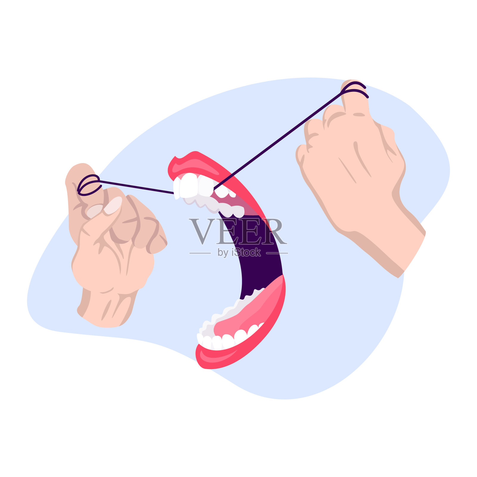 清洁牙齿。牙线。用清洁牙线清洁牙齿。口腔保健理念。口腔和牙齿卫生插画图片素材