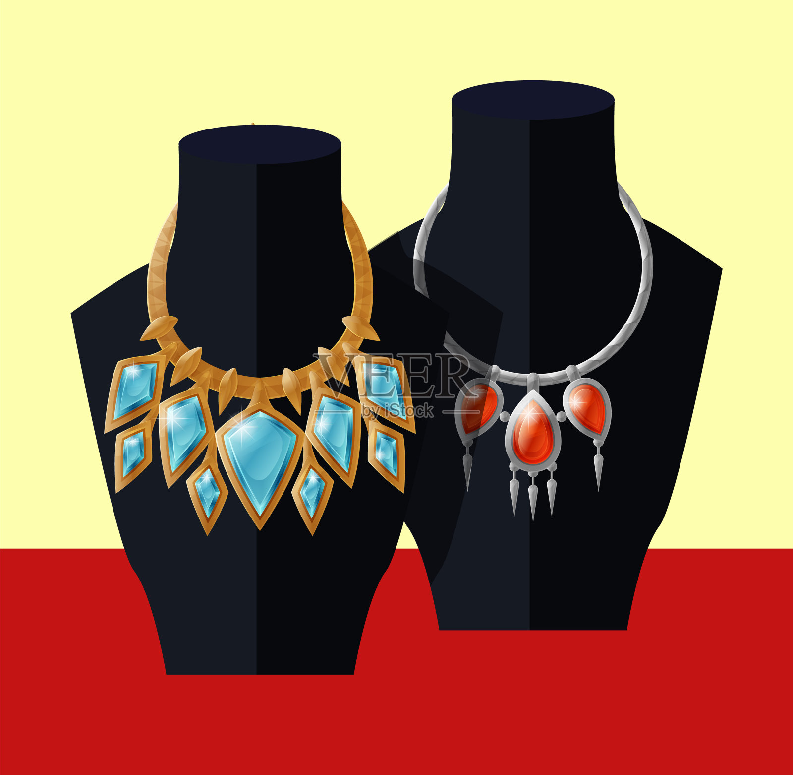 珠宝项链设置珍贵的蓝色、黄玉和红宝石插画图片素材