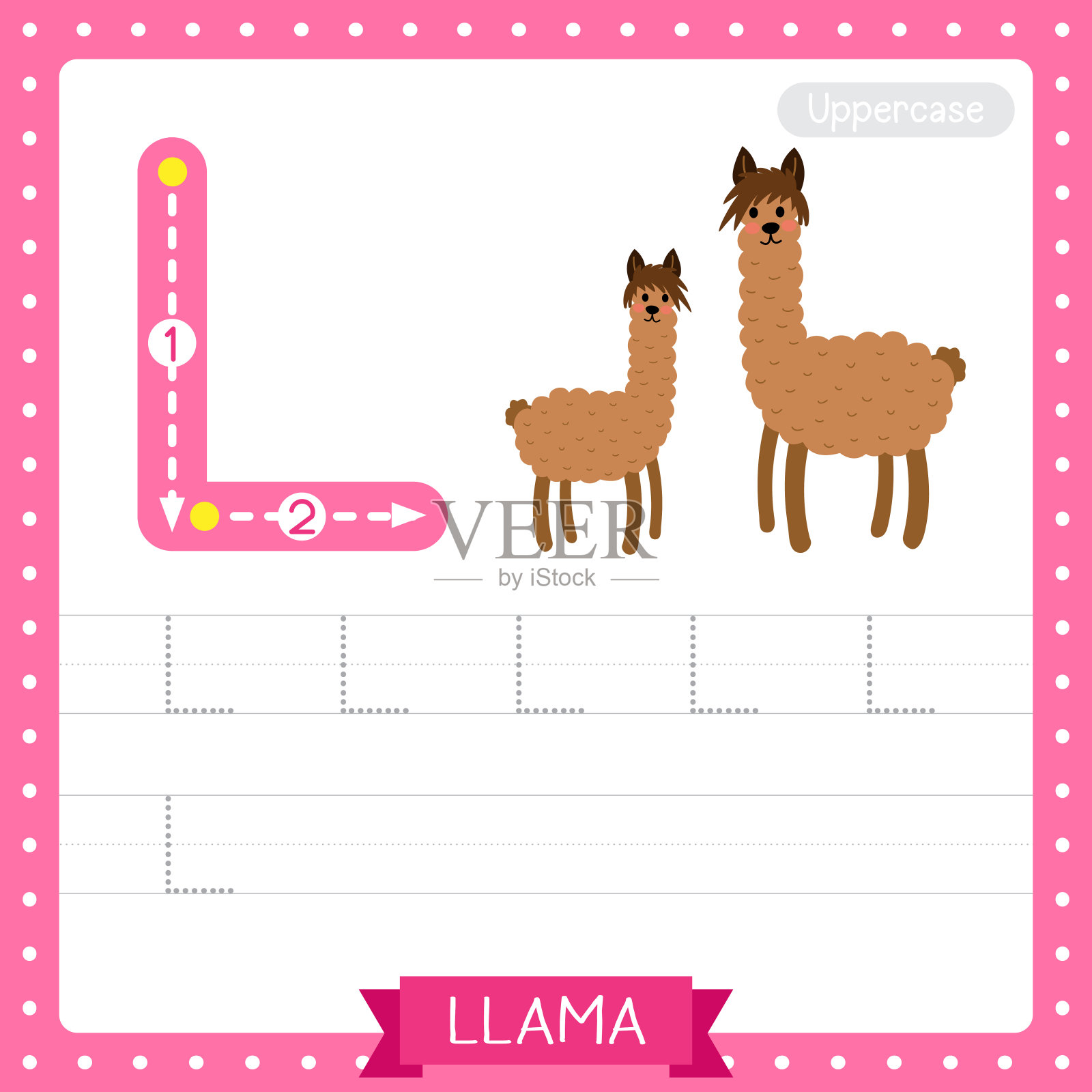 棕色美洲驼的大写字母L描摹练习练习表插画图片素材