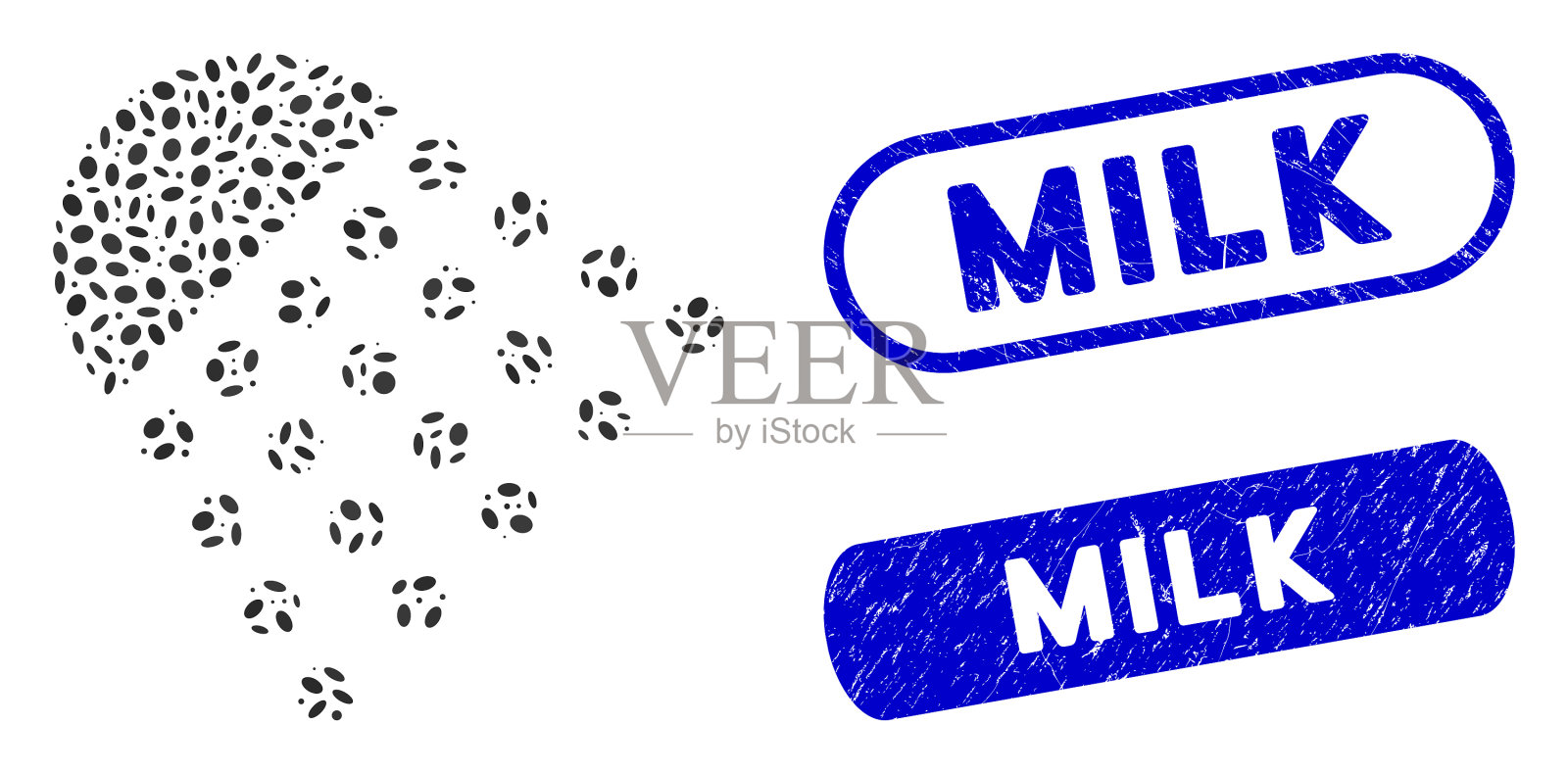 椭圆形拼贴喷绘工具与垃圾牛奶密封插画图片素材