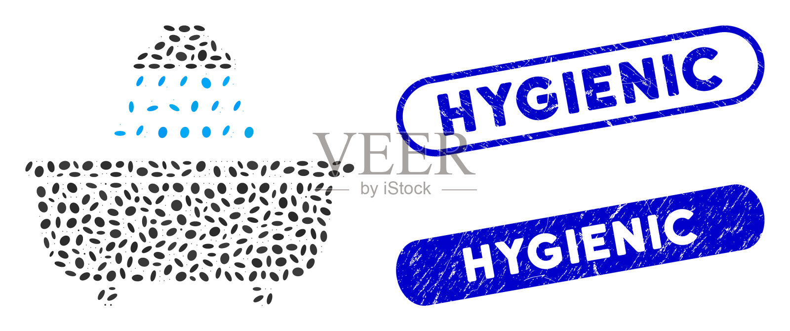 椭圆拼贴浴缸淋浴与划痕插画图片素材