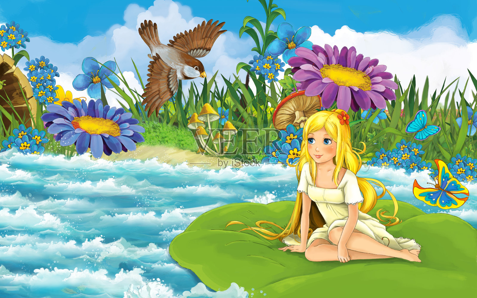 卡通场景与年轻美丽的小女孩在森林里航行在河上的叶子与野生鸟类插图插画图片素材