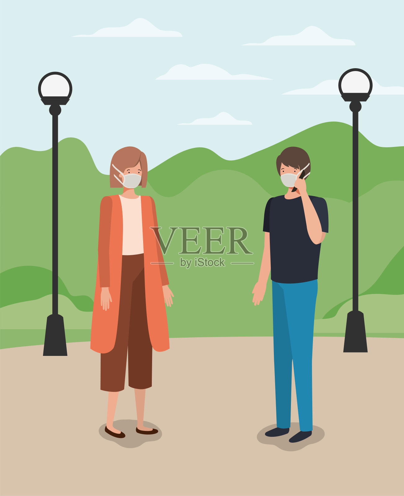 男孩和女孩之间的社交距离与面具在公园矢量设计插画图片素材