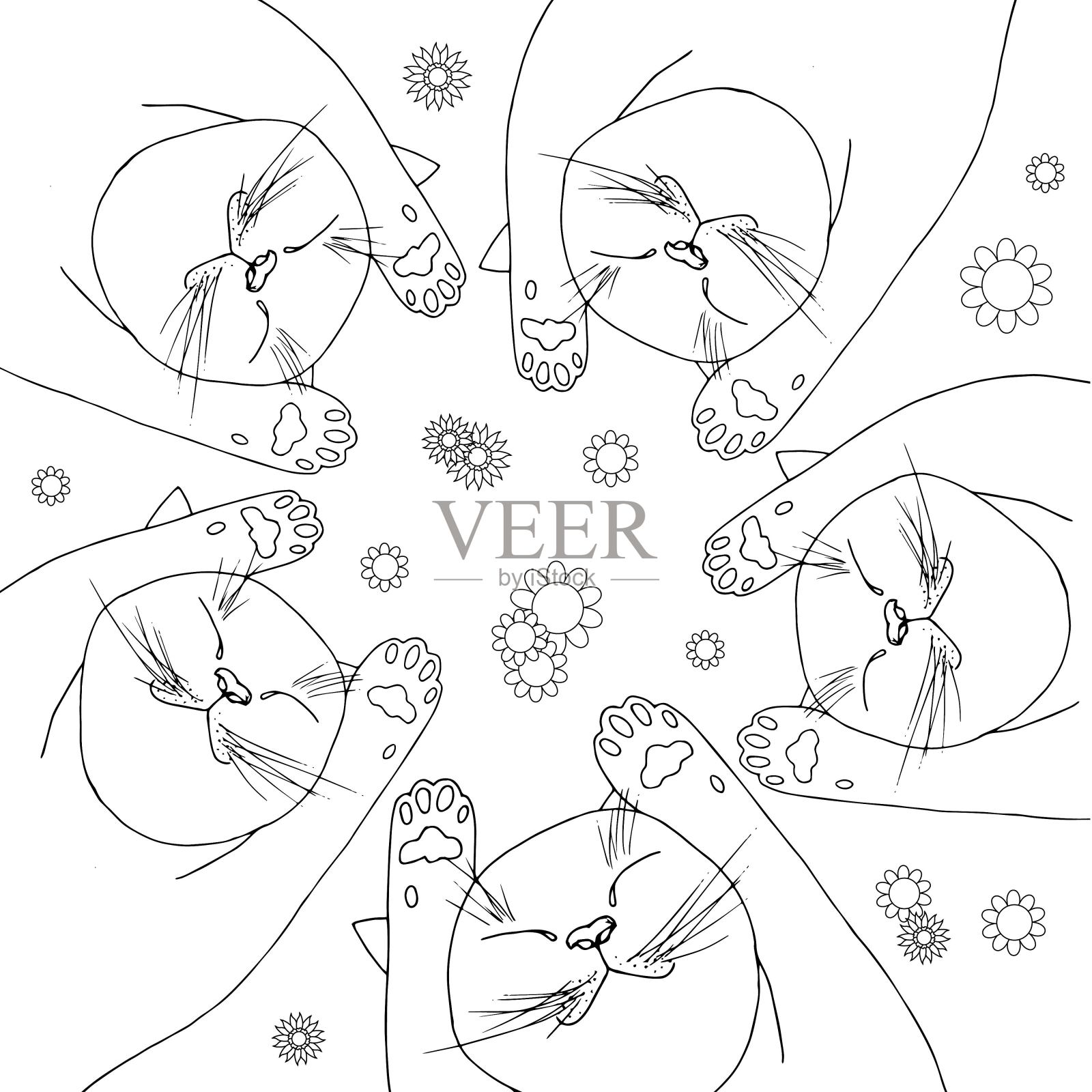 睡猫躺在花中。放松概念墨水手绘股票矢量插图着色书插画图片素材