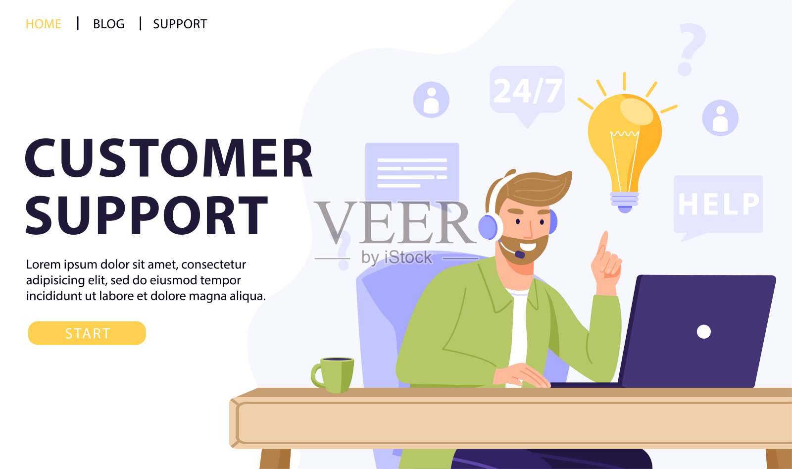 客户服务，在线助理或呼叫中心概念。操作员通过耳机与客户交谈并提供解决方案或想法。插画图片素材