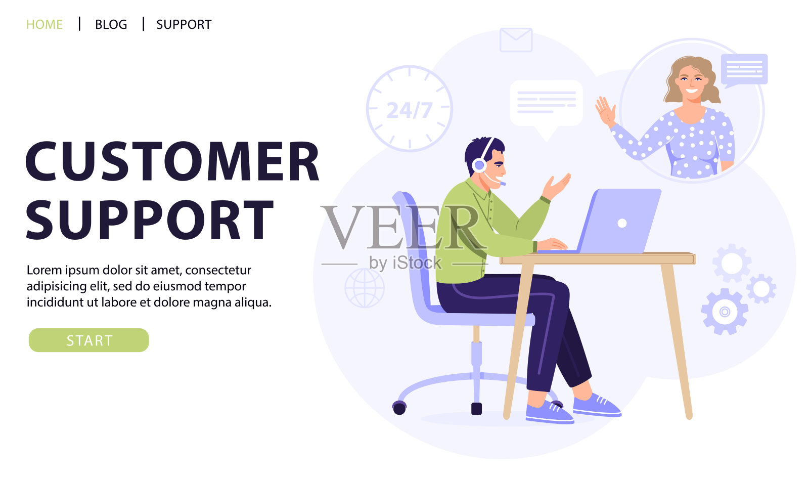 客户服务，在线助理或呼叫中心概念。戴耳机的操作员向客户咨询。插画图片素材