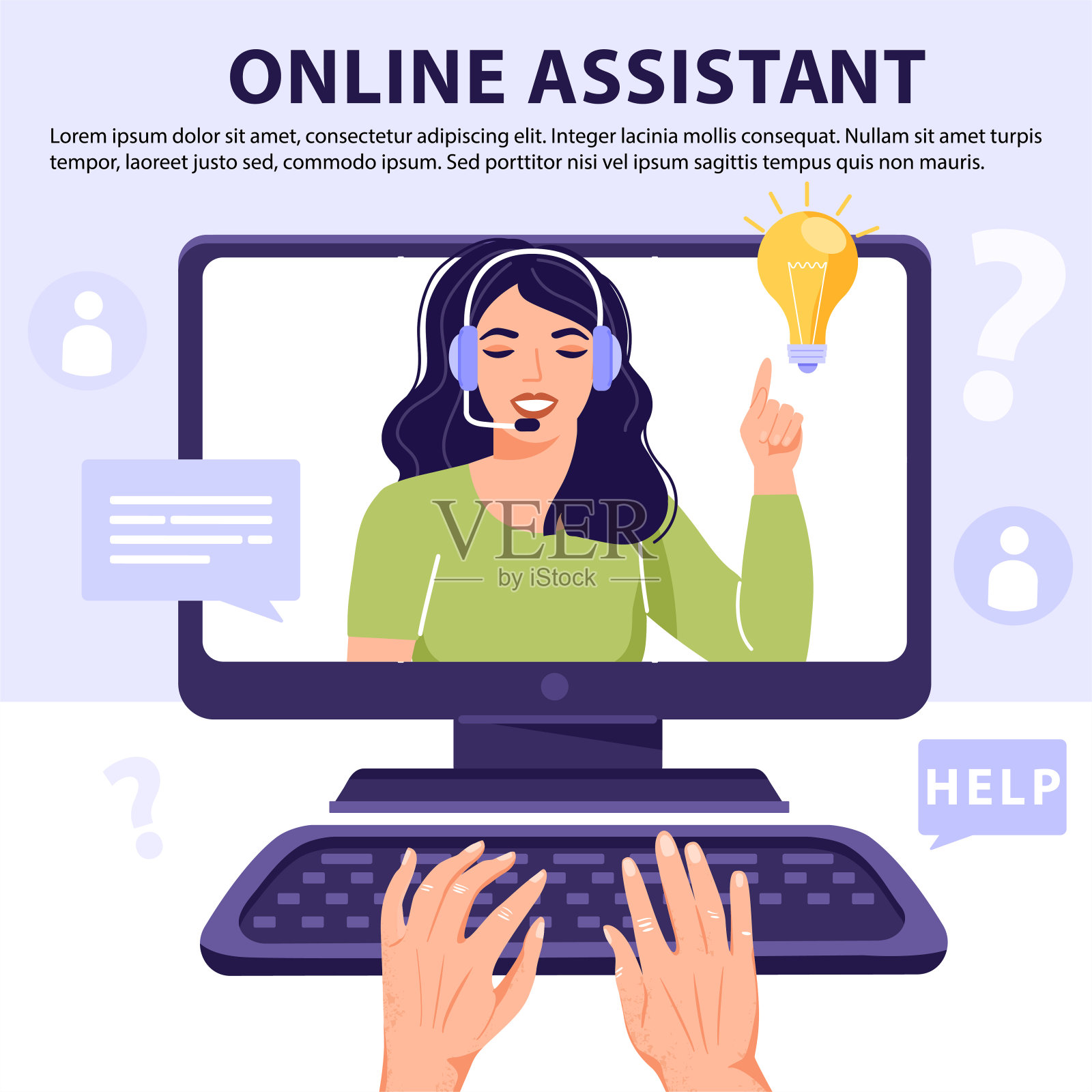 在线助理的概念。手在键盘上打字和搜索回答你的问题。电脑屏幕上有女操作员。员工有解决方案或想法。插画图片素材