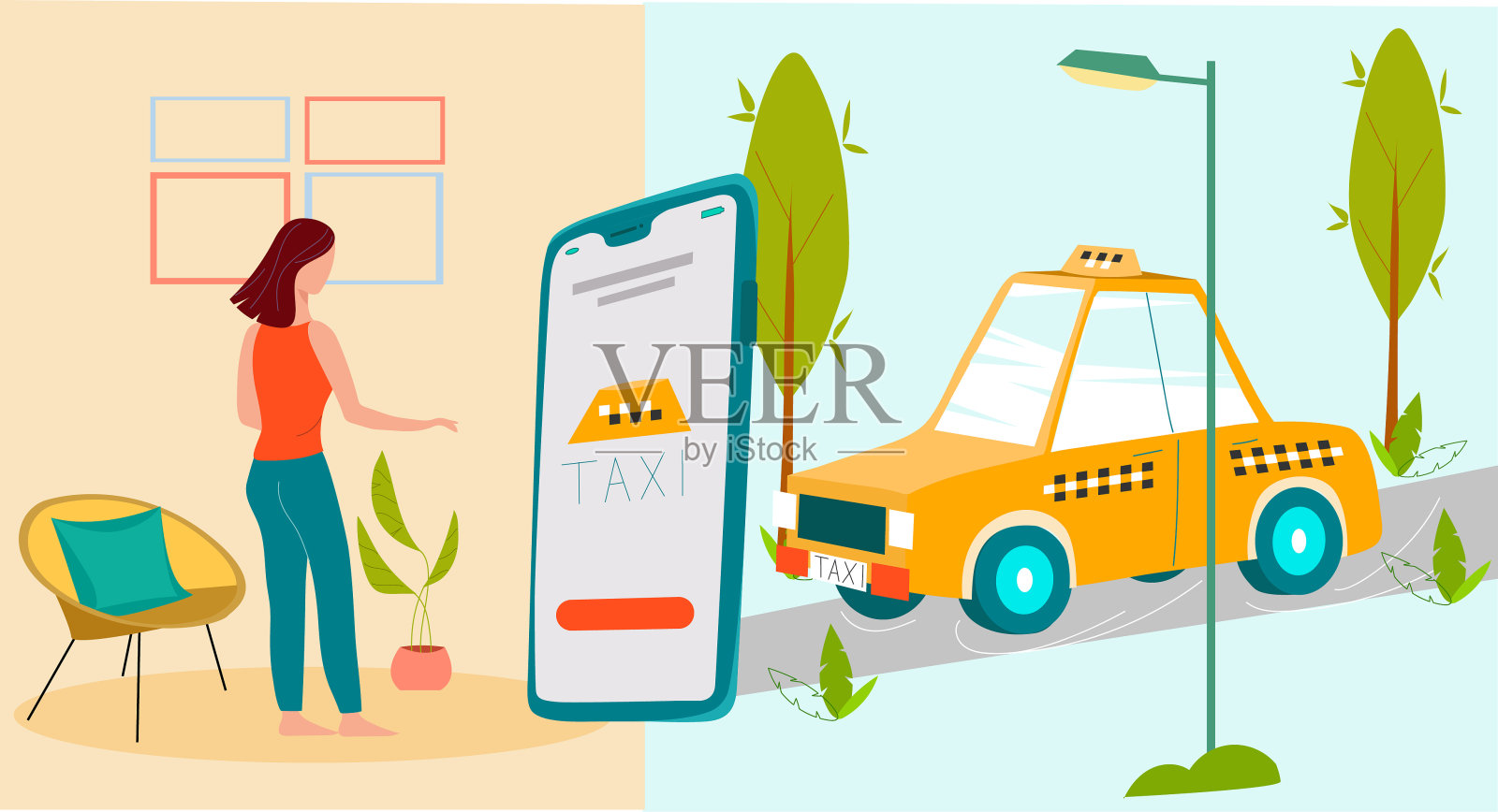 公共出租车移动应用概念。一名女子在智能手机旁展示出租车应用。城市出租车服务。平面向量插图。人正在订购在线运输插画图片素材