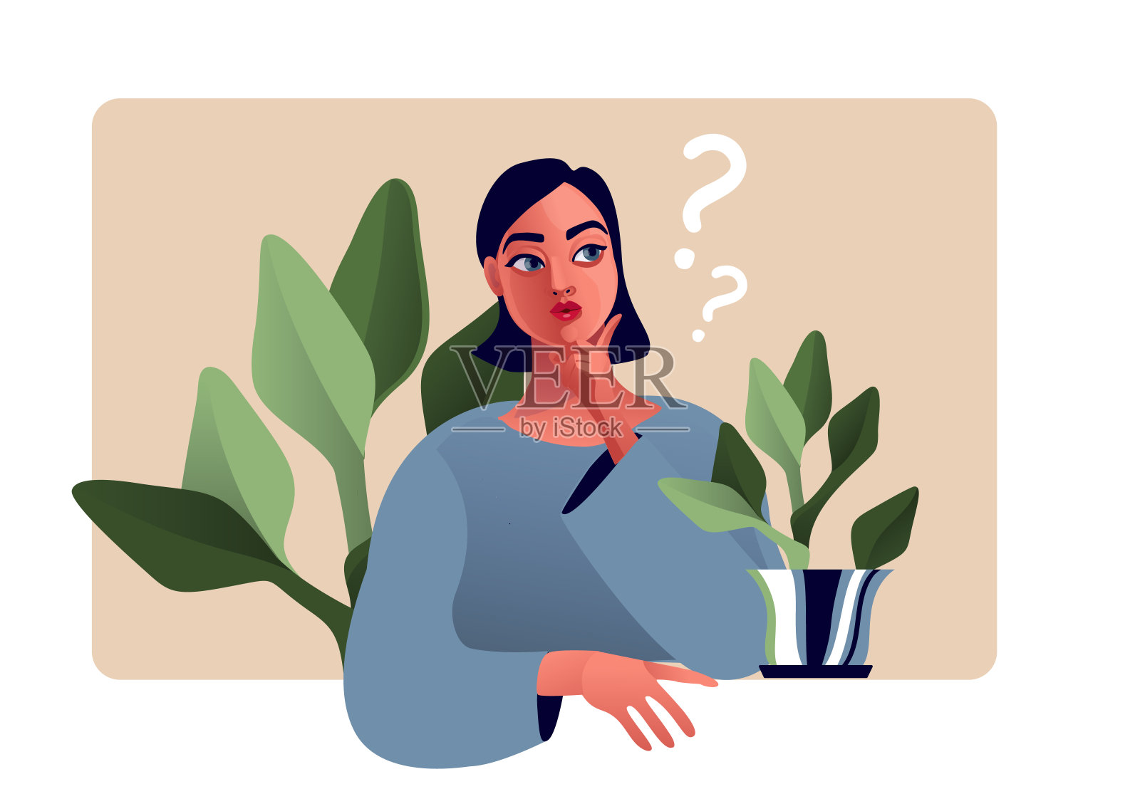 思考的女孩，美丽的脸蛋，疑惑和问题插画图片素材