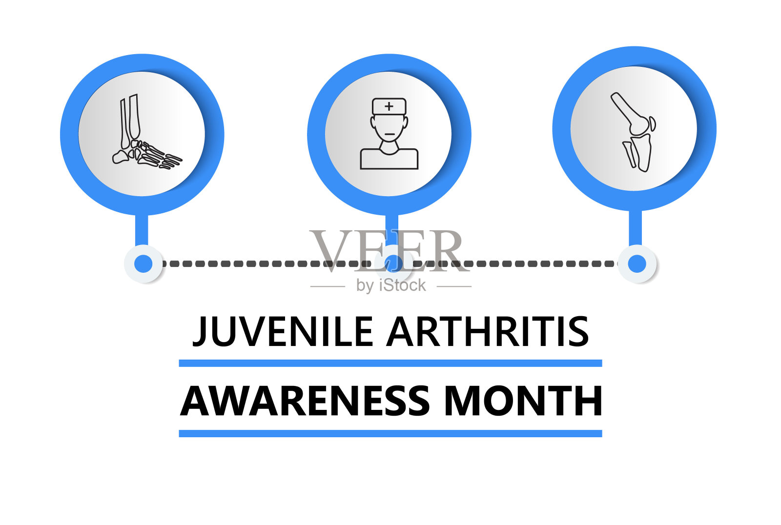 青少年关节炎宣传月在七月庆祝。医生，膝关节，脚图标的信息图形。风湿病、骨关节炎儿童为医疗网、条幅。插画图片素材