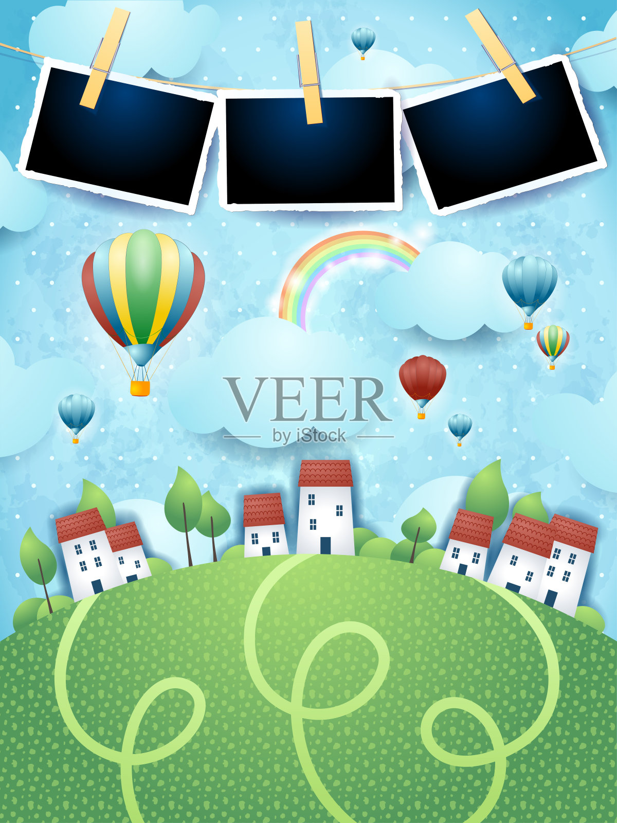 梦幻景观气球，村庄和相框插画图片素材