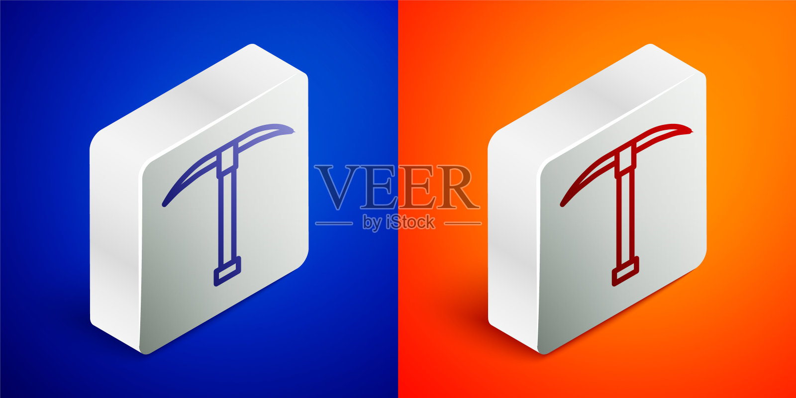 等距线鹤嘴锄图标孤立在蓝色和橙色的背景。银广场按钮。矢量图插画图片素材