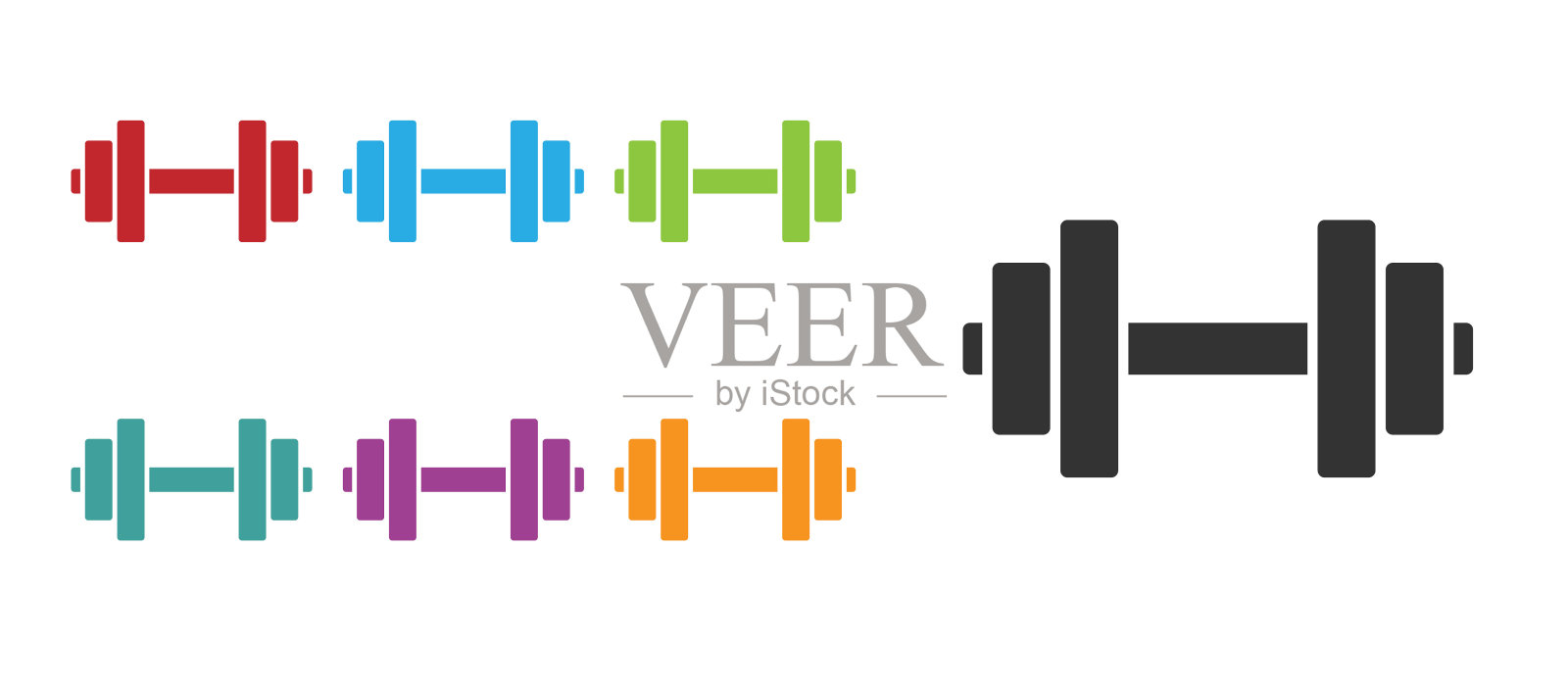 黑色哑铃图标孤立在白色背景。肌肉举重偶像，健身杠铃，健身房，运动器材，运动大哑铃。设置图标丰富多彩。矢量图图标素材