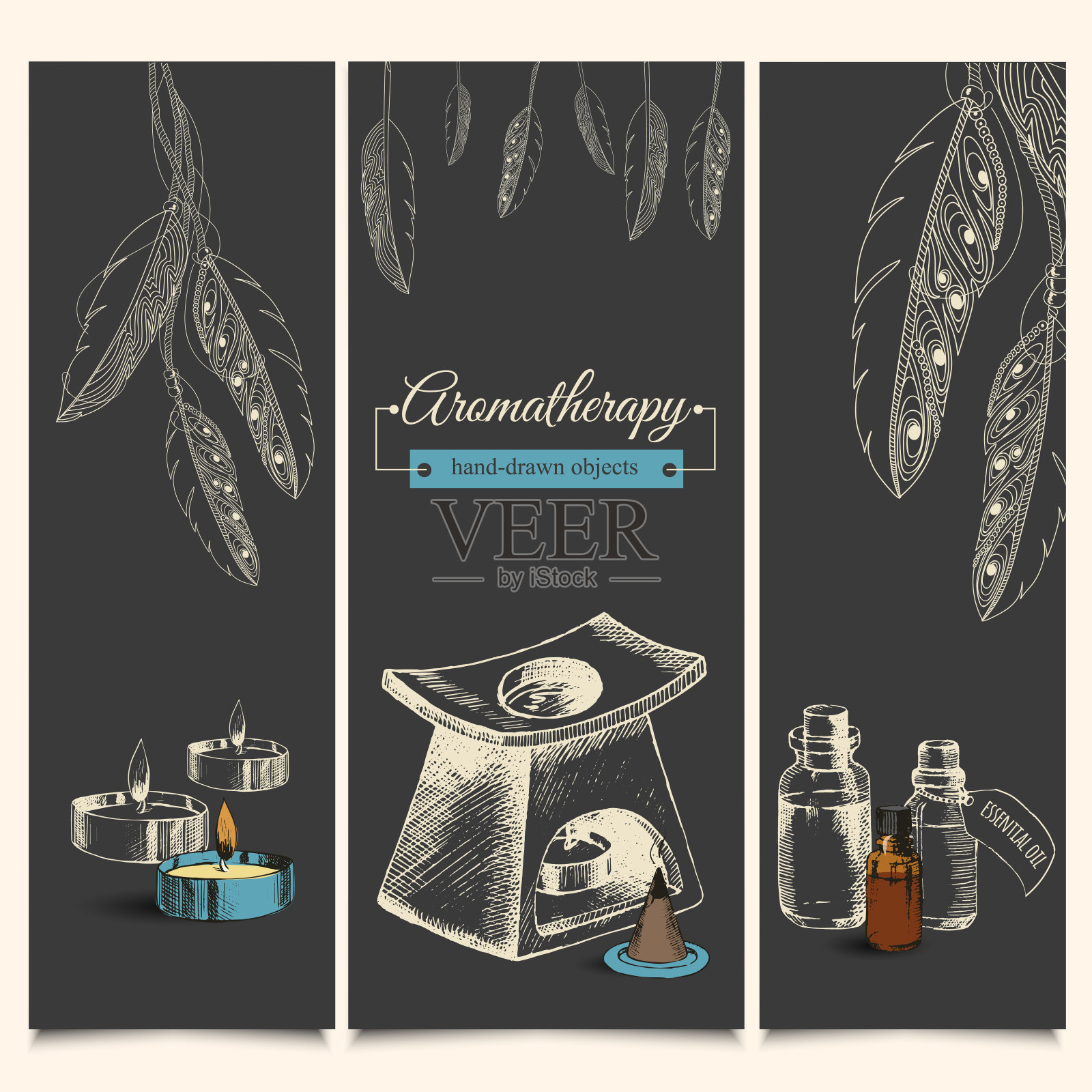 芳香疗法背景与手绘对象。精油的处理。香烛、精油、蜡烛、燃油器。放松和娱乐。手工素描。复古风格。向量。插画图片素材