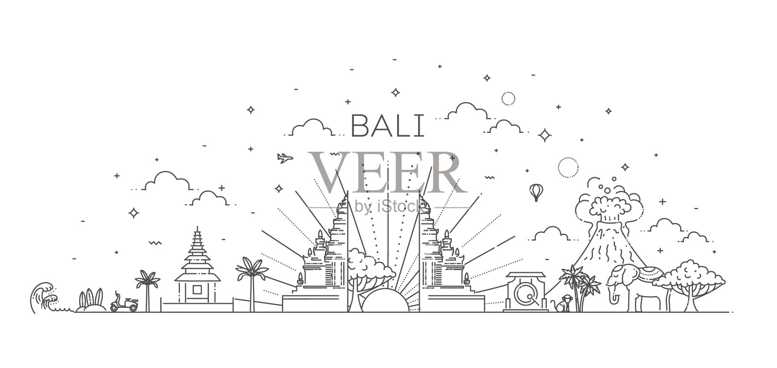 带有著名地标的巴厘岛旅游横幅插画图片素材