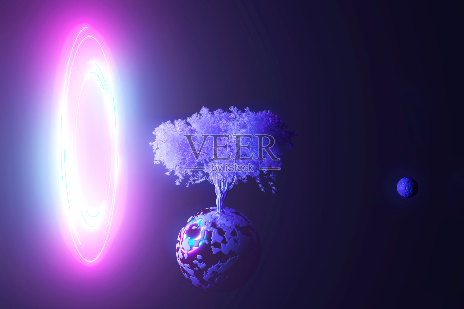抽象的霓虹背景，神秘的太空行星与一棵发芽的树在粉红色的蓝色紫外光发光的环形框架，3d黑暗插图与复制空间照片摄影图片
