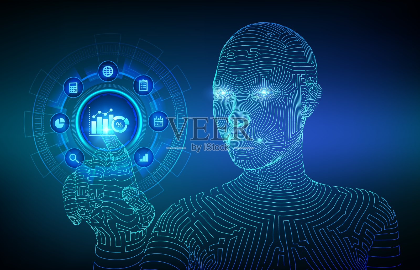 虚拟屏幕上的业务数据分析和机器人流程自动化概念。公司利润和收入，KPI概念。线框电子手触摸数字界面。矢量插图。插画图片素材