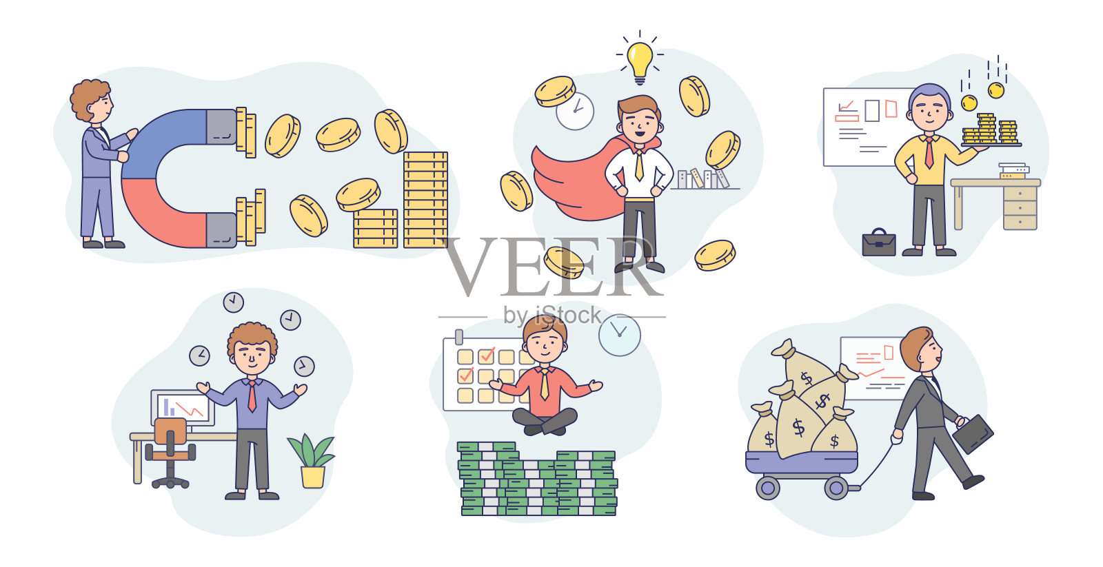 商业成功的概念，吸引资金。一组快乐的年轻商人，吸引资金的不同方式。成功的男性角色就是获得利润。卡通平的风格。矢量图插画图片素材