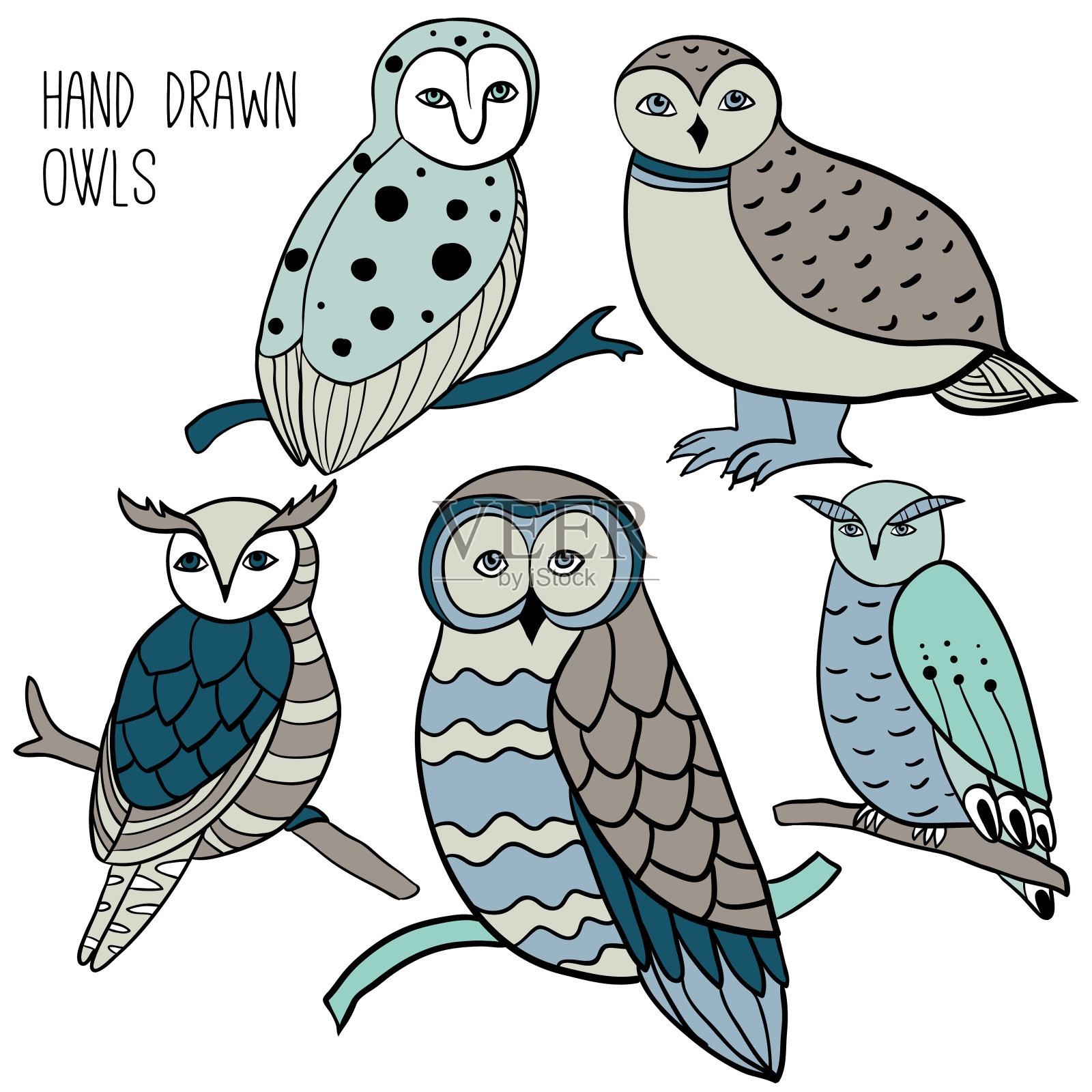 手绘彩色猫头鹰设计元素图片