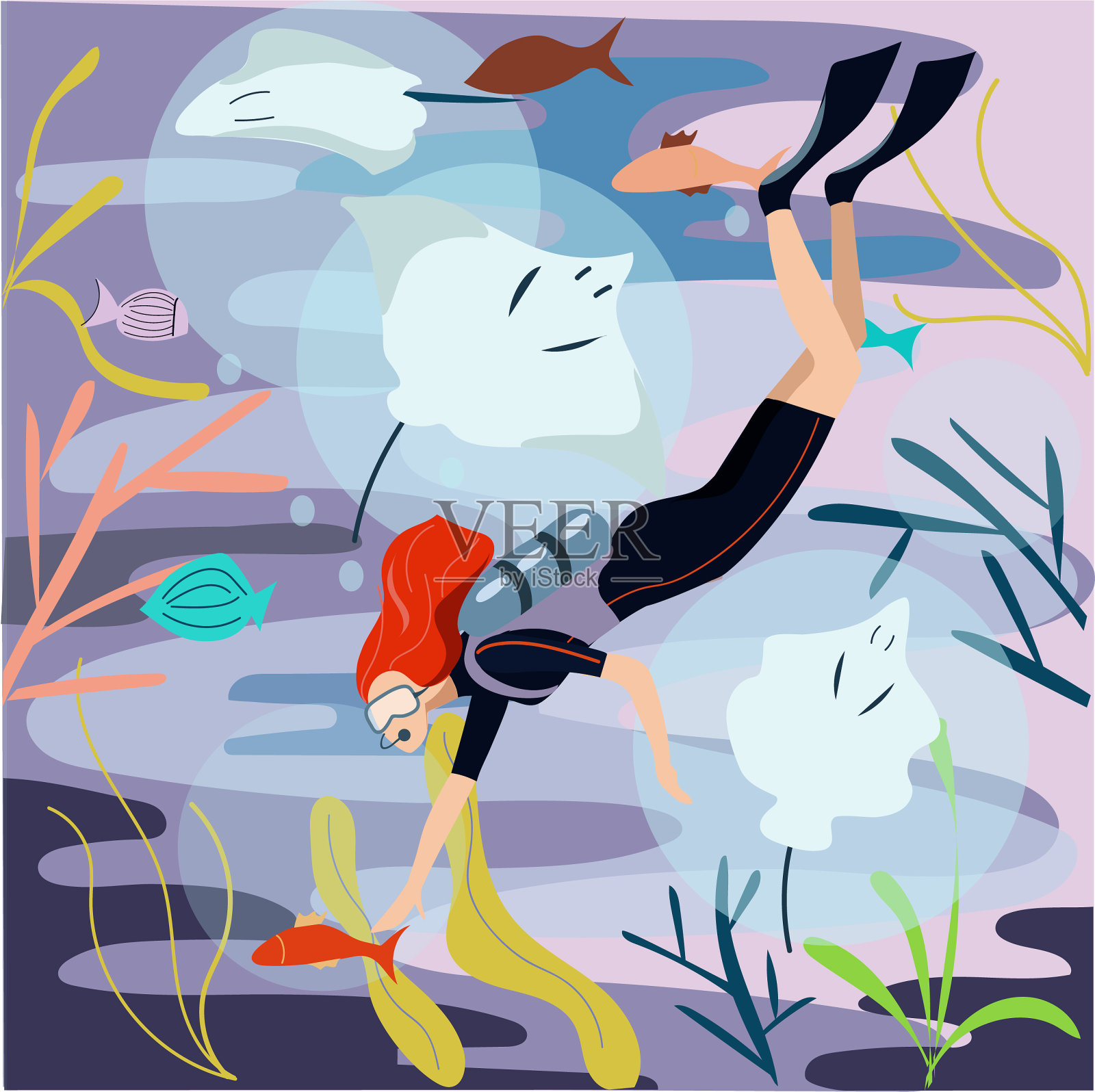 专业潜水员在海洋中潜水。在水下游泳。暑假运动理念活跃假期。观察珊瑚礁的女人。水下娱乐活动。平的卡通向量插画图片素材