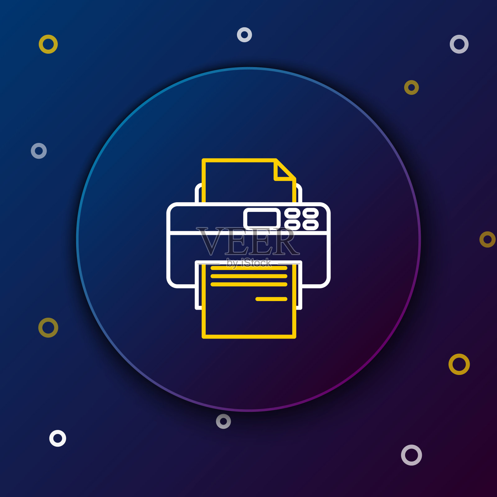白色和黄色线打印机图标隔离在深蓝色的背景。色彩斑斓的轮廓的概念。矢量图插画图片素材