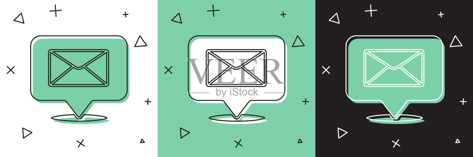 设置语音气泡与信封图标隔离在白色和绿色，黑色背景。矢量图插画图片素材