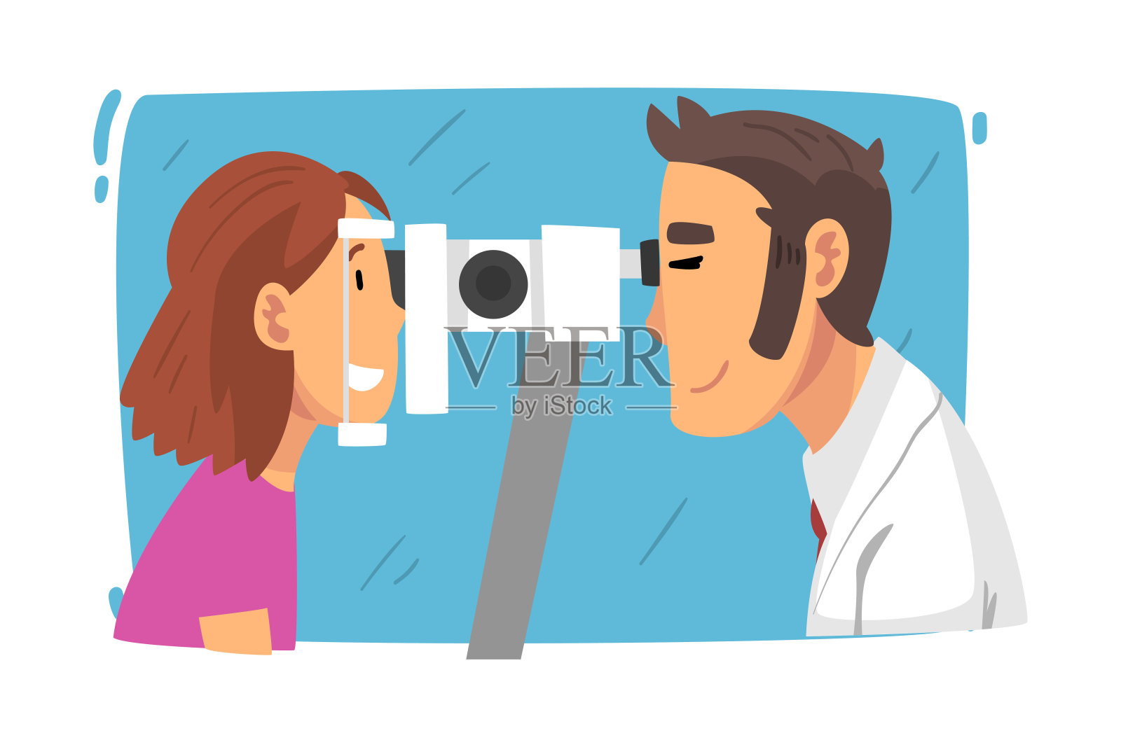 男眼科医生，用专业设备检查病人视力，眼科诊断，视力矫正卡通矢量插图插画图片素材