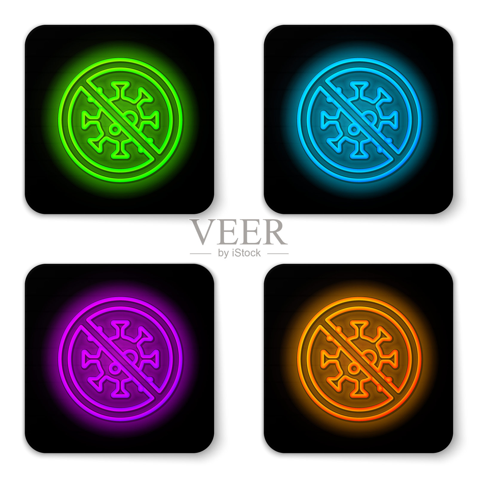 发光的霓虹灯线在白色背景上隔离的停止病毒图标。2019 - ncov冠状病毒。细菌和细菌，细胞癌，微生物，真菌。黑色方形按钮。向量图标素材