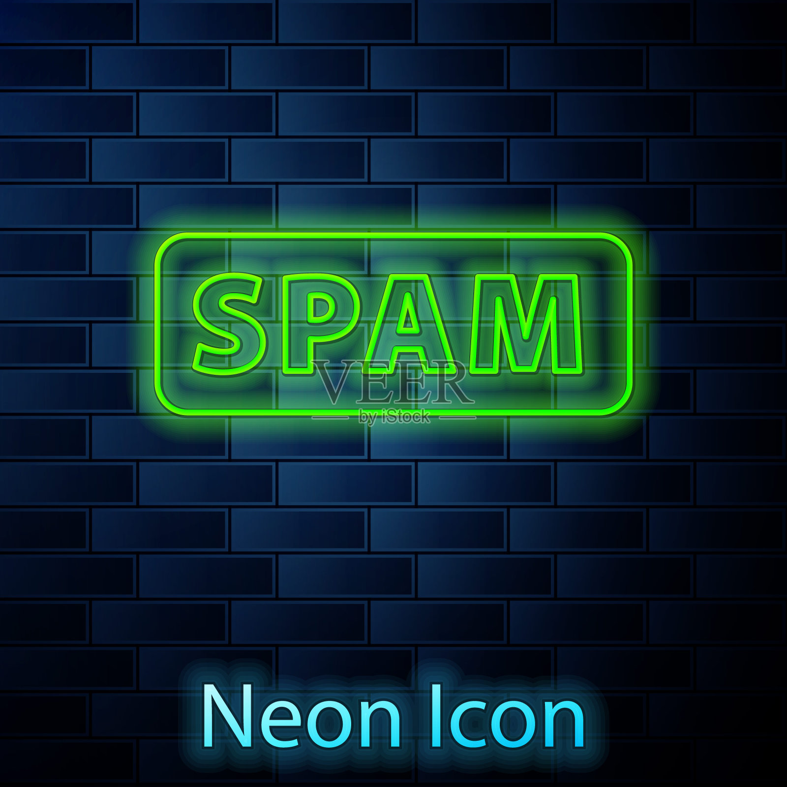 发光的霓虹灯线垃圾邮件图标隔离在砖墙的背景。向量插画图片素材