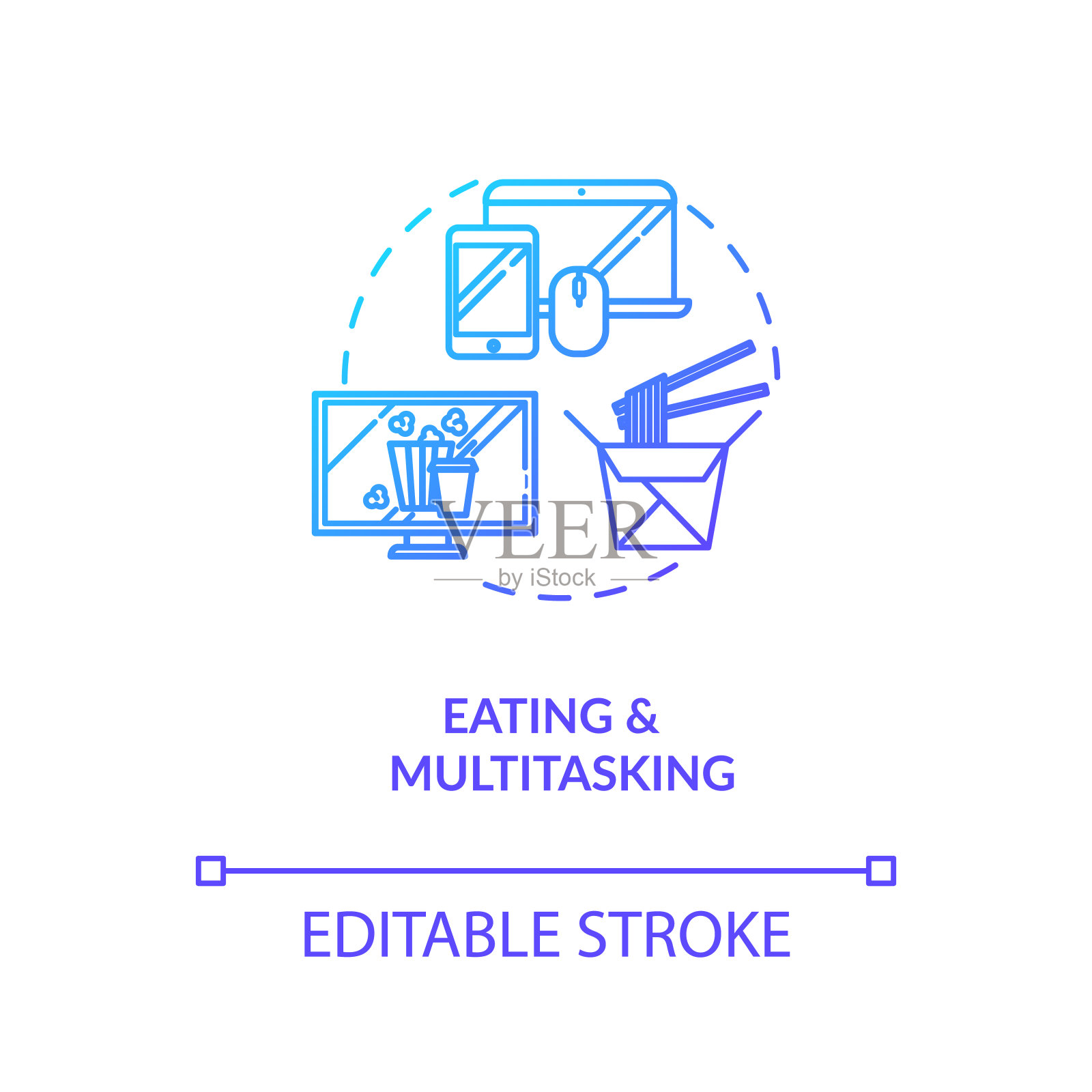 吃和多任务的概念图标。自觉营养，暴食观念细线例证。盲目的食品消费。矢量隔离轮廓RGB彩色绘图插画图片素材