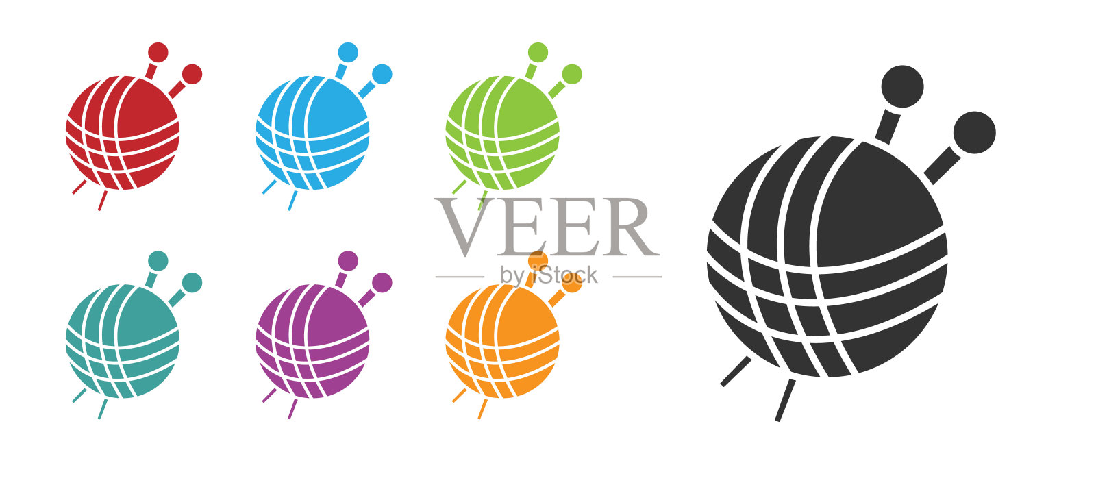 黑色纱线球与针织针图标孤立在白色背景。标签适用于手工、针织或裁缝店。设置图标丰富多彩。矢量图图标素材