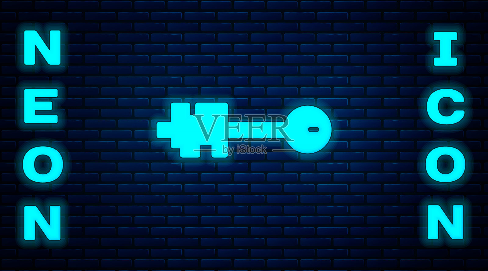 发光的霓虹灯老键图标孤立在砖墙的背景。矢量图设计元素图片