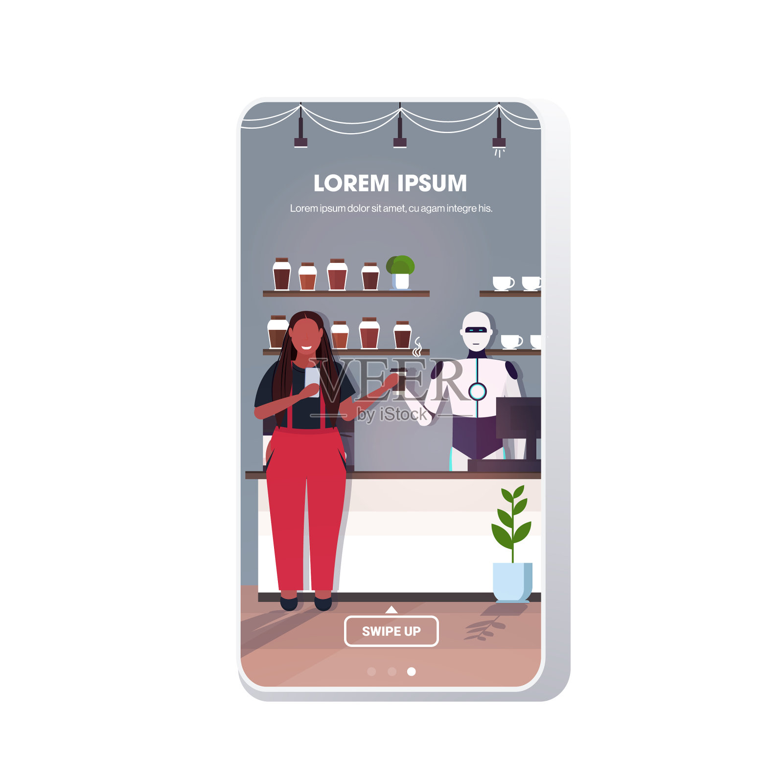 向非洲提供咖啡的现代机器人咖啡师插画图片素材