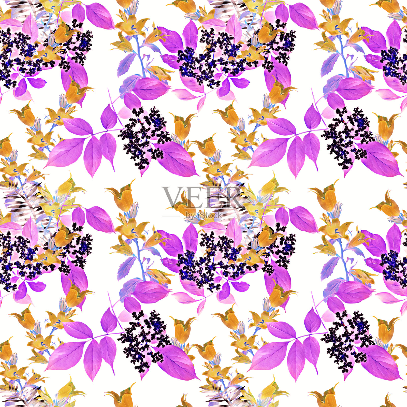 钟花与接骨木，图案无缝。插画图片素材