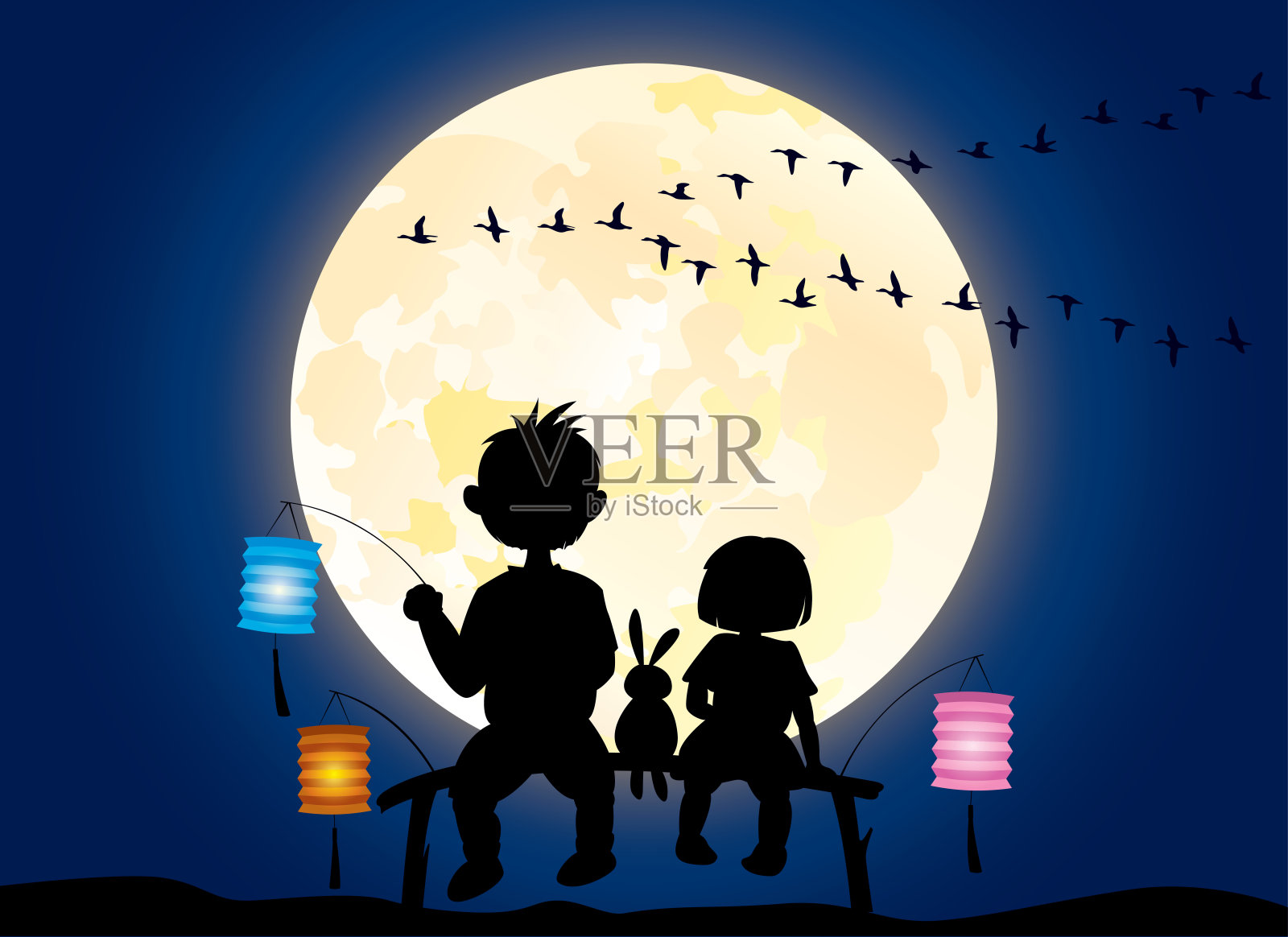 孩子们坐在月光下矢量插图插画图片素材