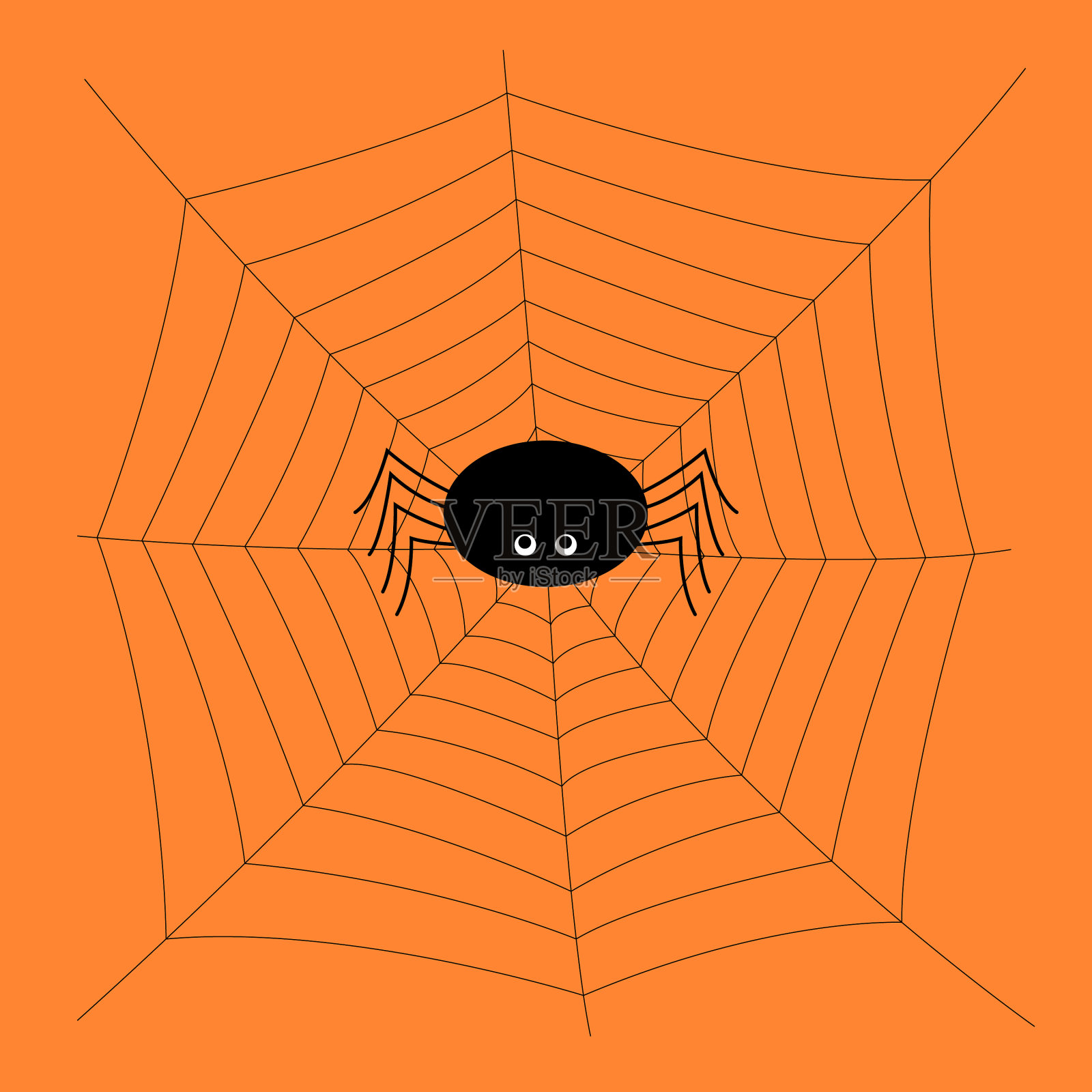 黑色可爱的蜘蛛和橙色的蜘蛛网插画图片素材