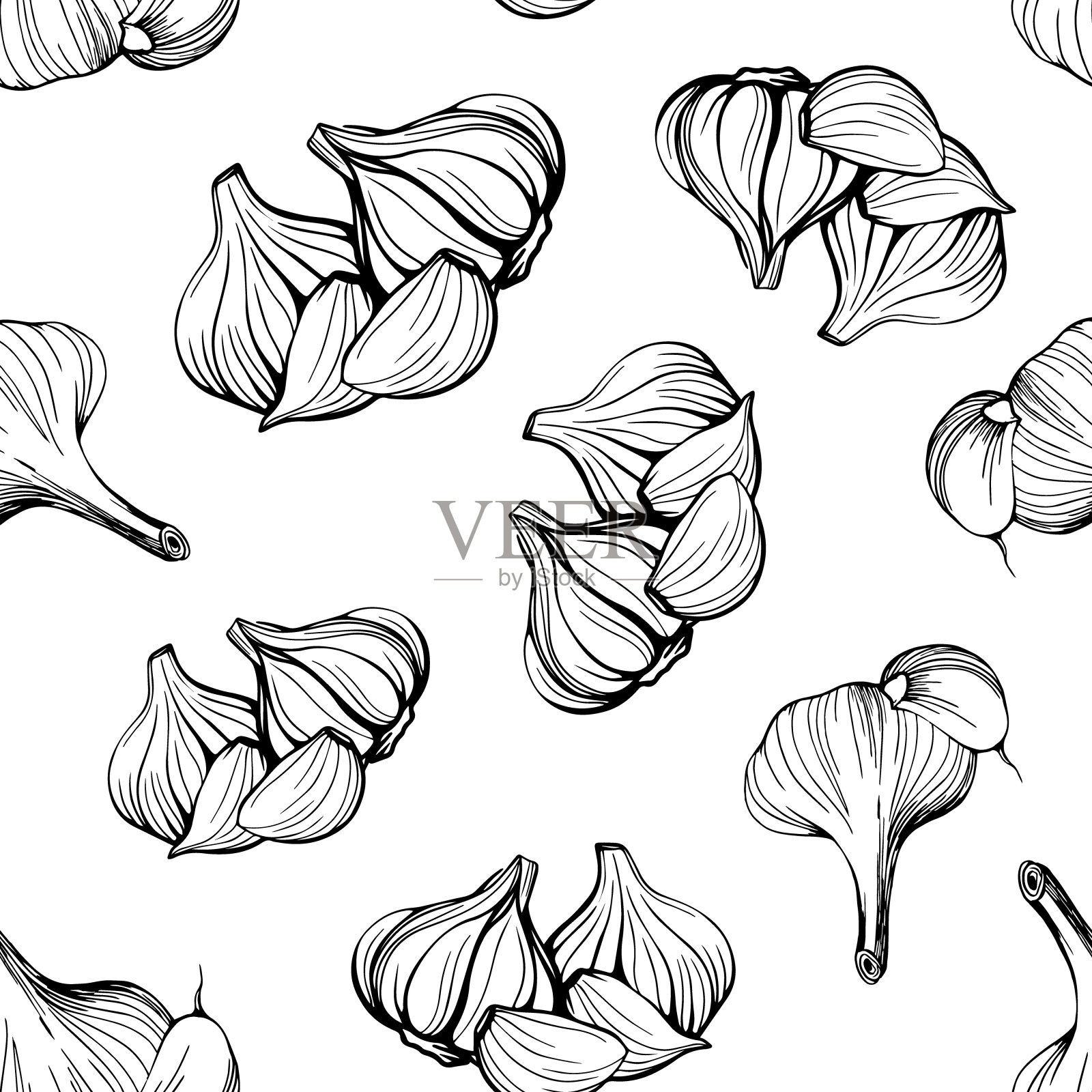 白色背景上的大蒜无缝图案。一个简单的大蒜图案。手绘矢量插图。头大蒜插画图片素材