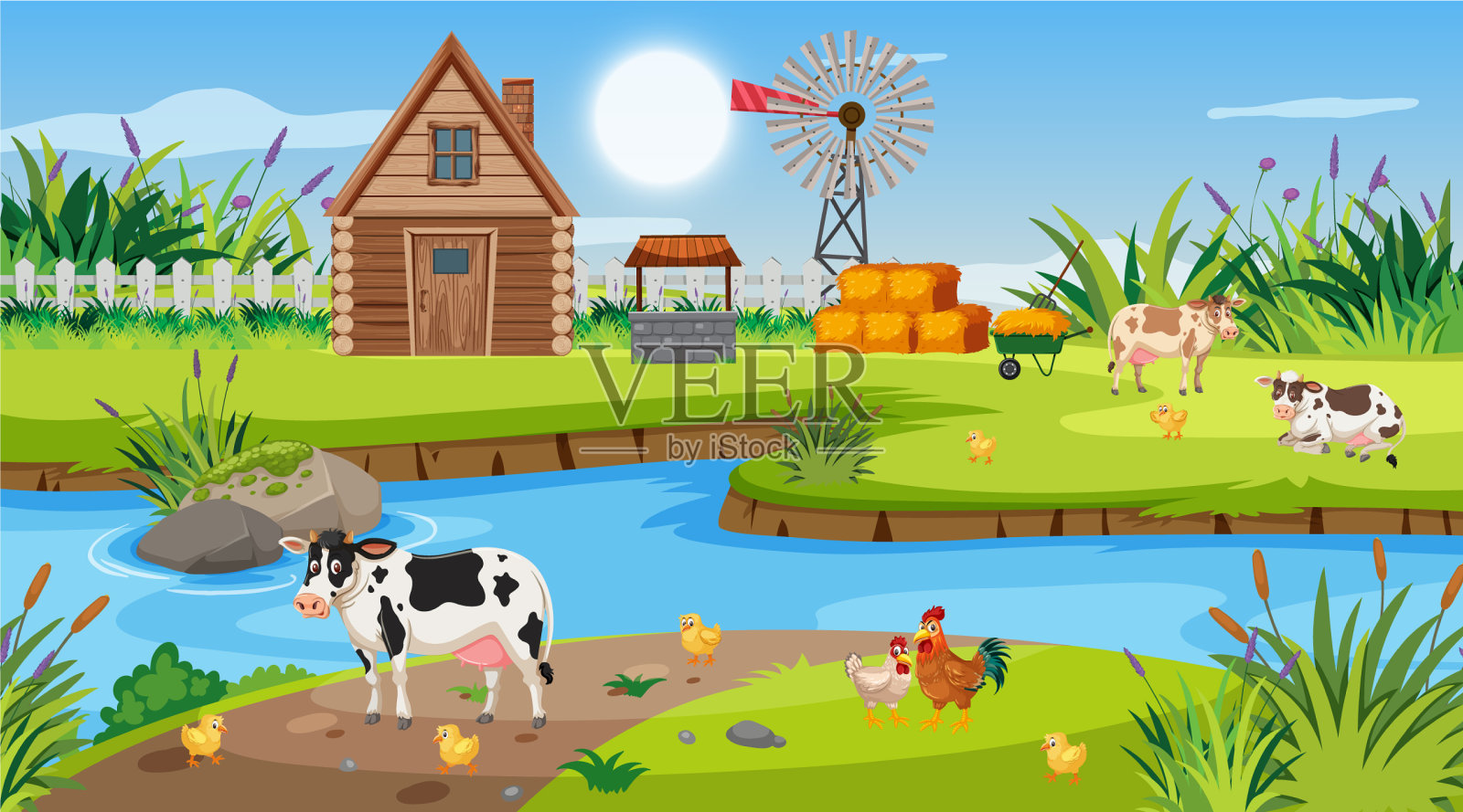 田野里的木屋插画图片素材