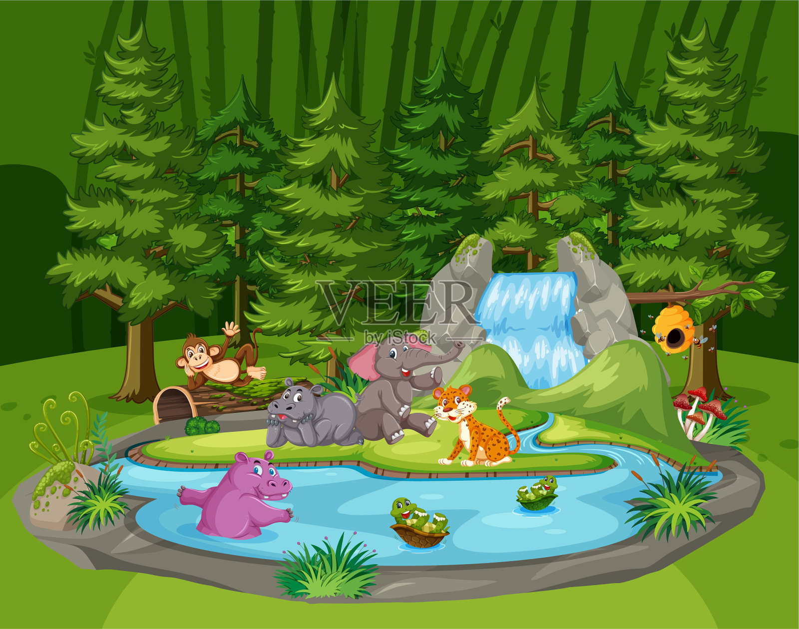 森林里有许多野生动物插画图片素材