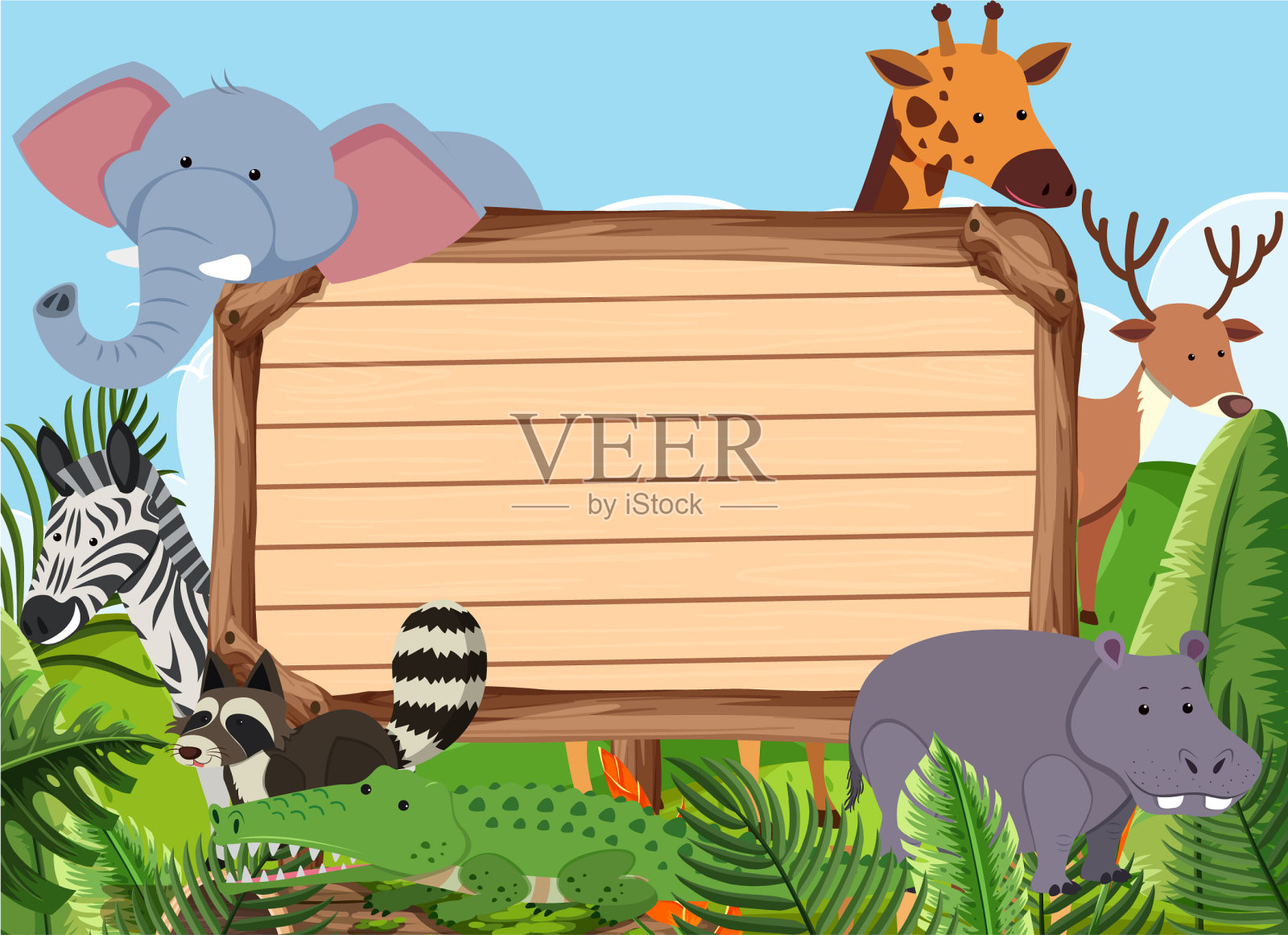 公园里有许多动物的木制标志模板插画图片素材