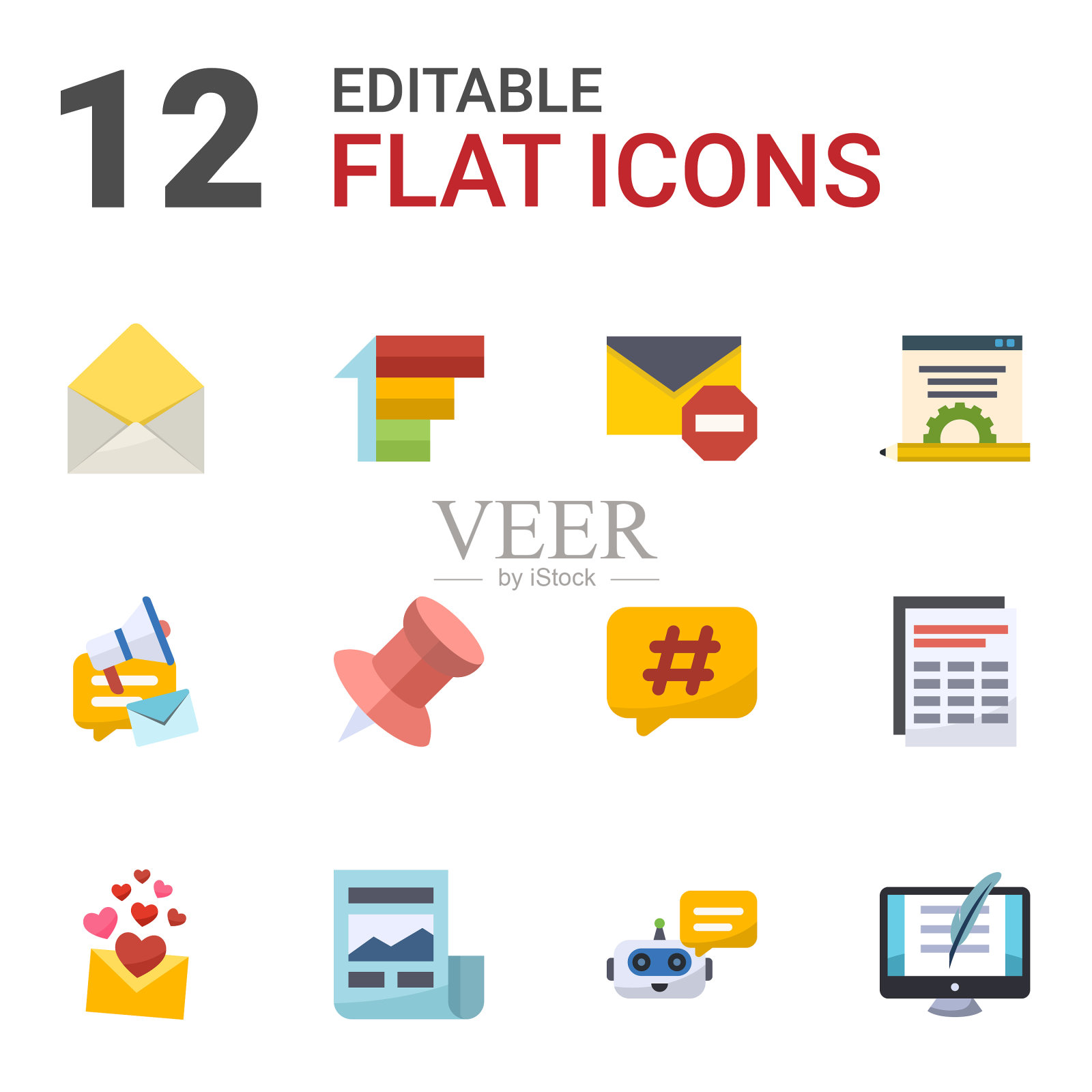 12个消息平面图标设置为孤立的白色图标素材