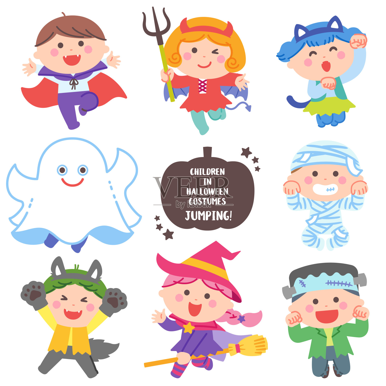 孩子们穿着万圣节的鬼魂服装跳来跳去插画图片素材