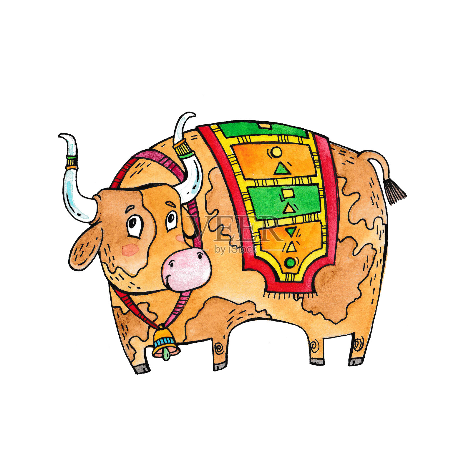 牛，象征2021年新年，用水彩画的动物牛插画图片素材