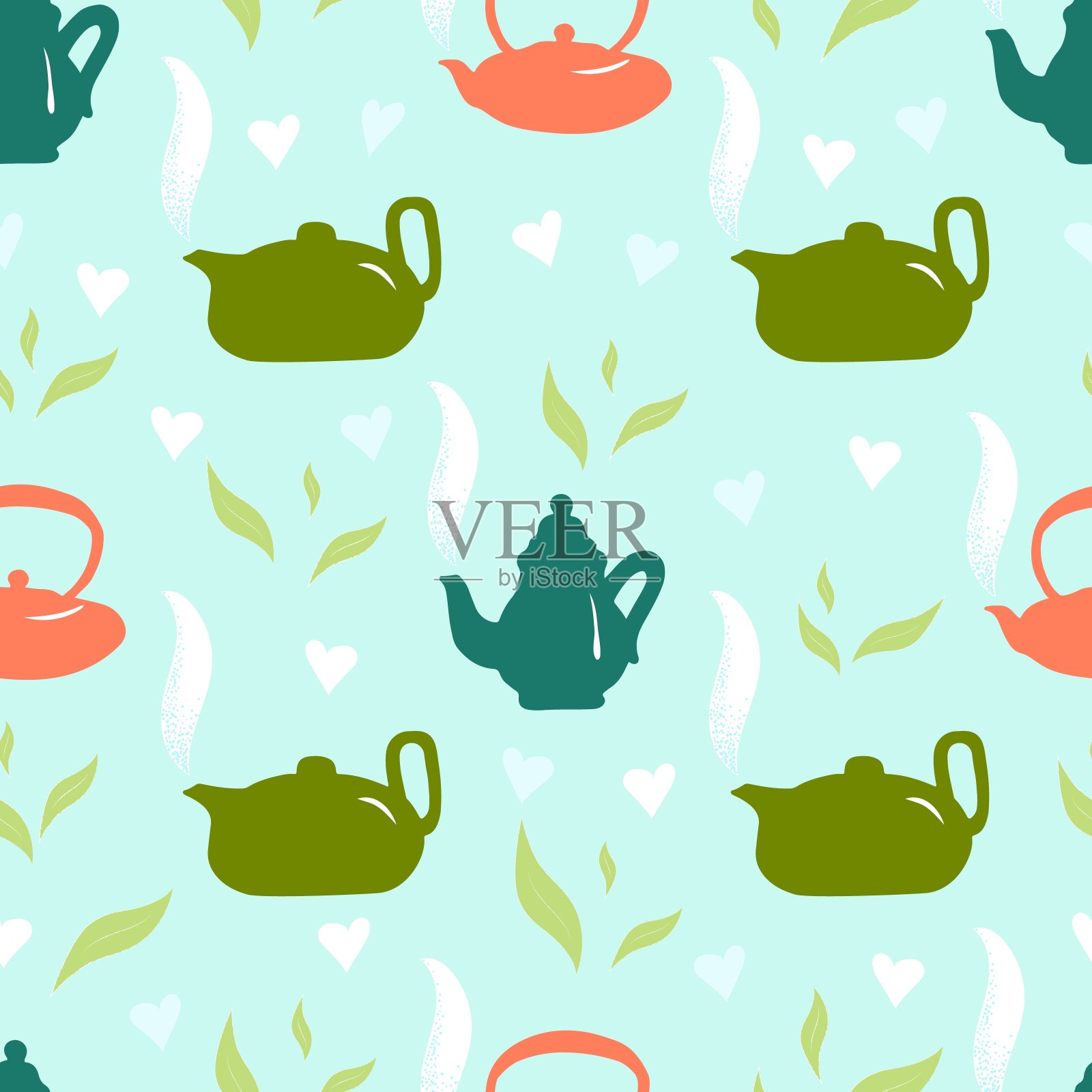 无缝图案手绘彩壶，蒸气。抽象的叶子,心。在蓝色的背景上。向量插画图片素材