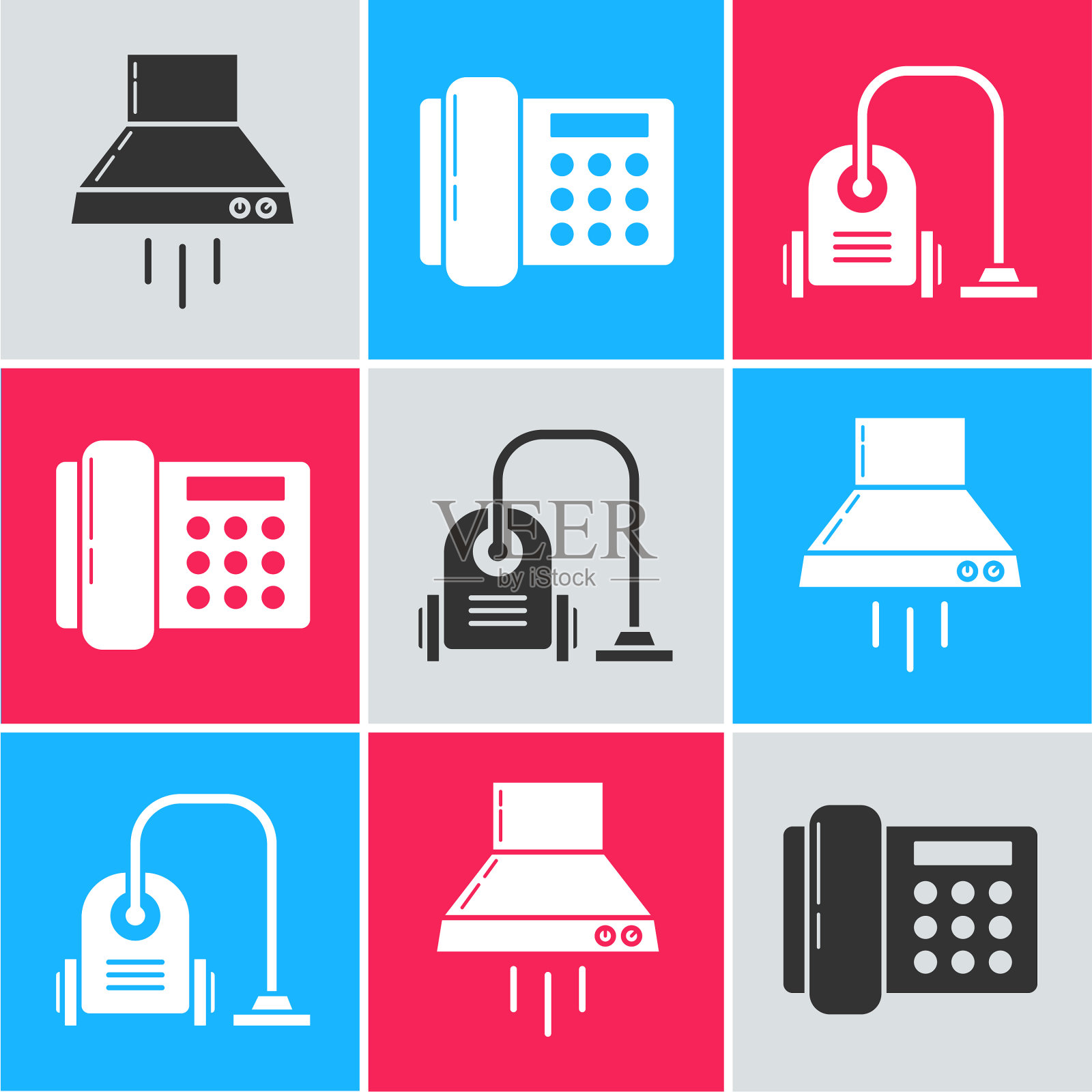 设置厨房抽油机、风机、电话和吸尘器图标素材