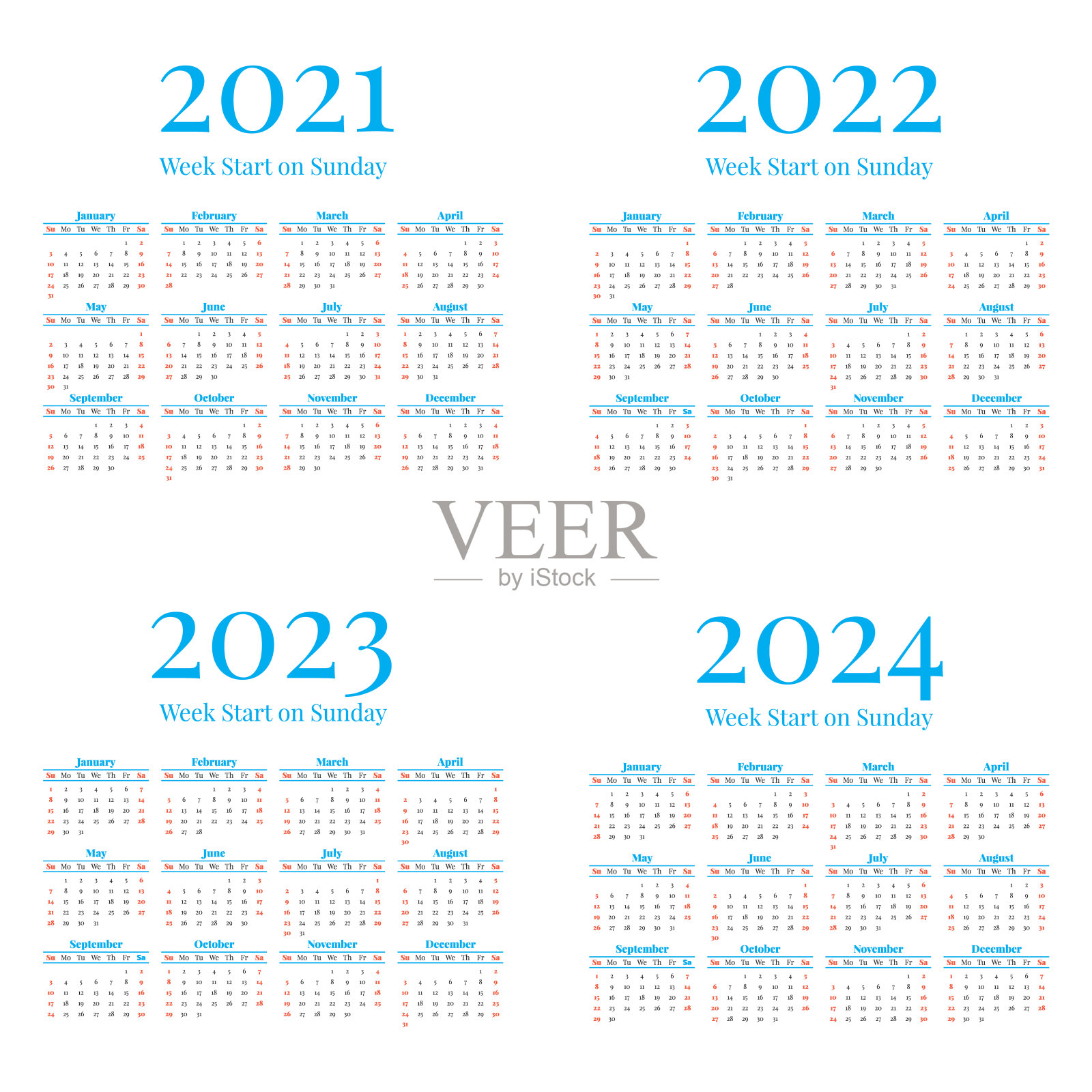 2021-2024日历，每周从周日开始设计模板素材
